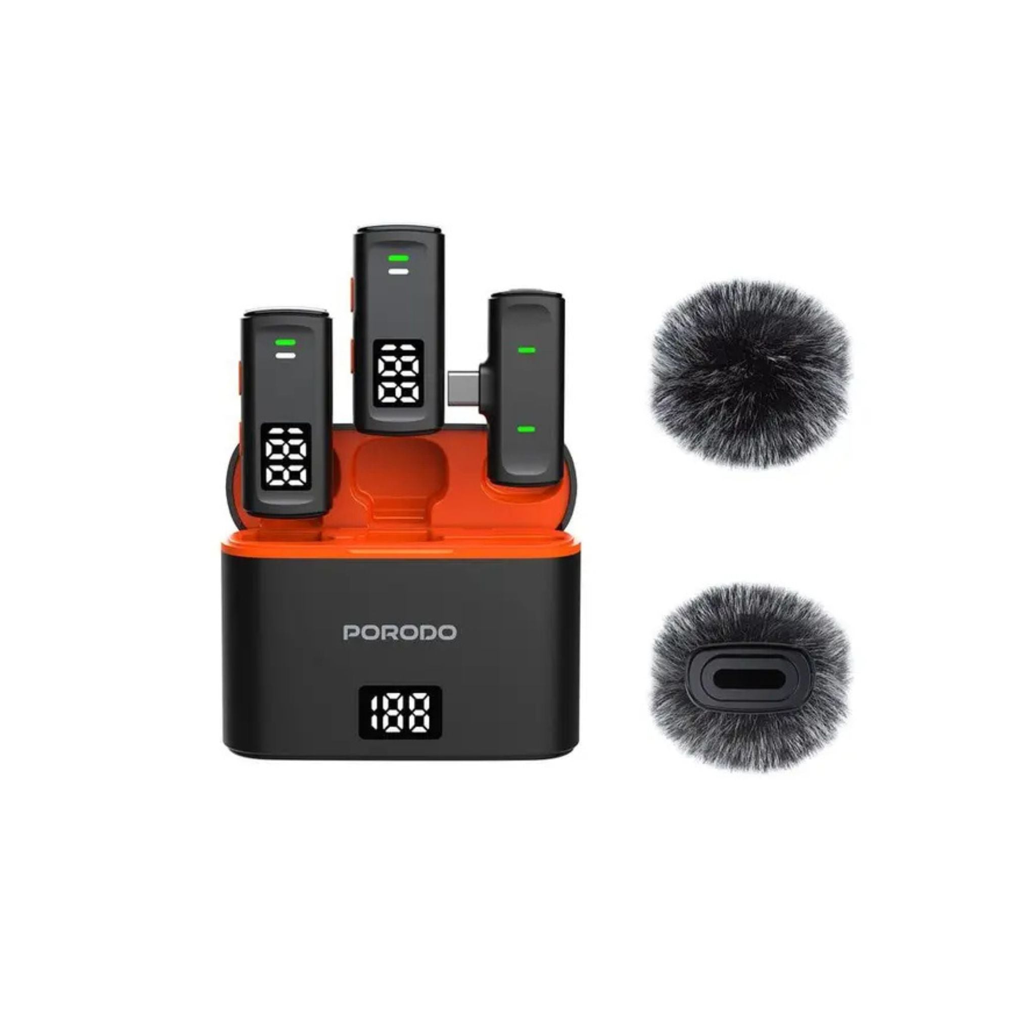 Porodo Wireless Collar Double Mic with Charging Case. Up to 24H use, 20ms low latency, 2.4GHz digital signal, 600mAh case, Type-C & Lightning adapter, digital display, crystal-clear sound, and plug & play. Perfect for content creators- Black