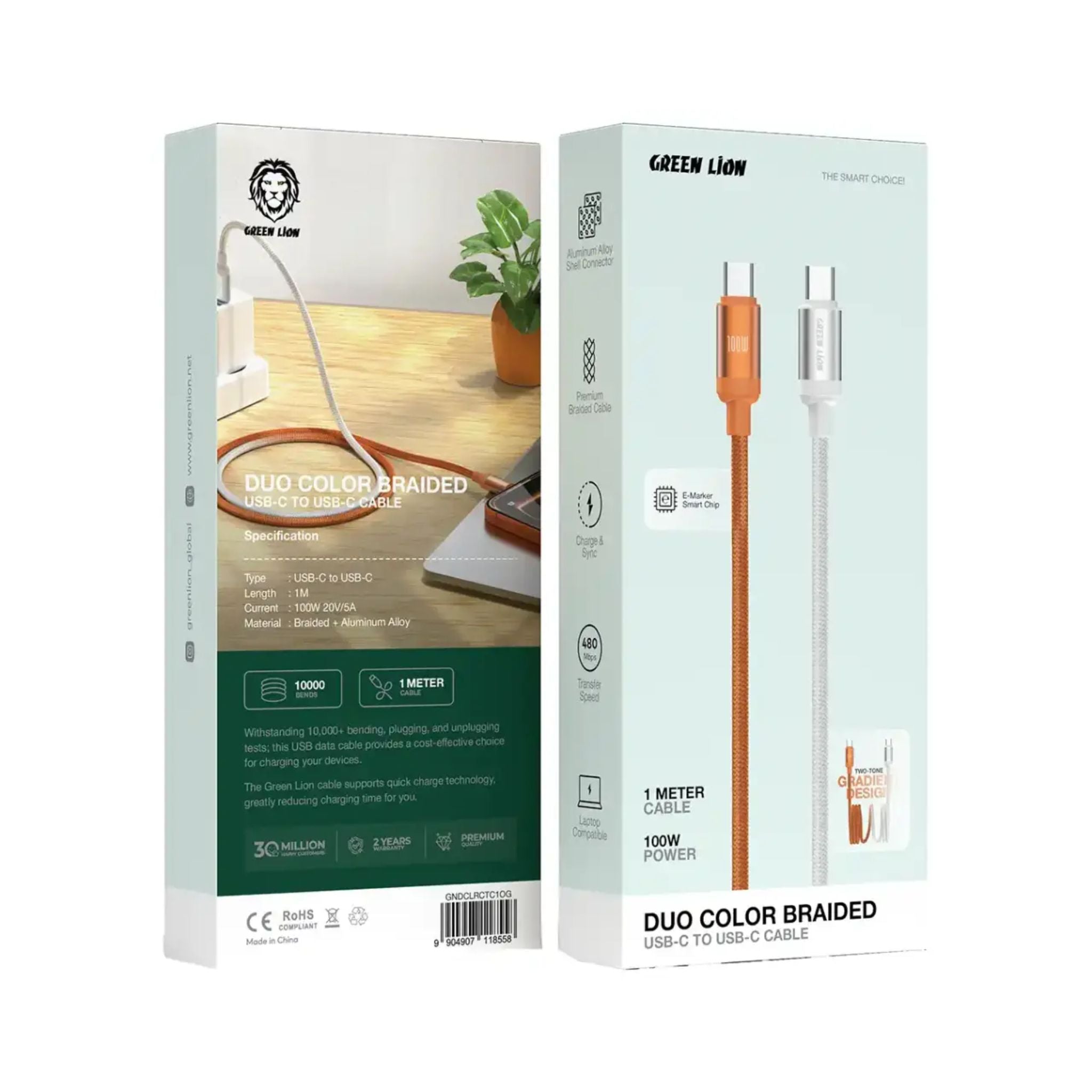 Green Lion  100W DUO COLOR BRAIDED USB-C  TO USB-C CABLE 1M - White +Orange