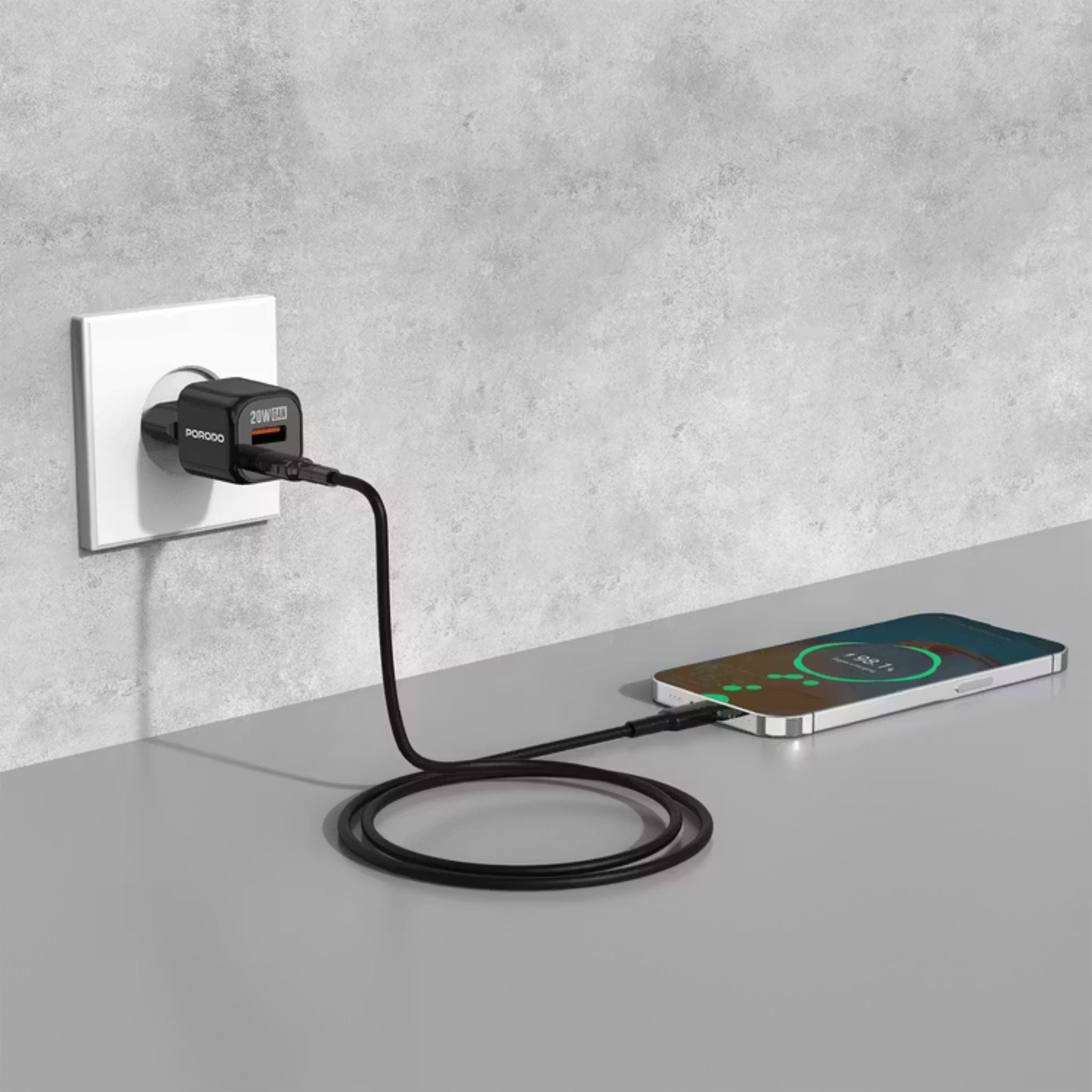 Porodo Dual-Port Wall Charger with Type-C to Lightning Included, 20W Power Delivery, EU Plug, QC 18W, Simultaneous Charging, Overheat Protection, USB-C & USB-A Outputs - Black