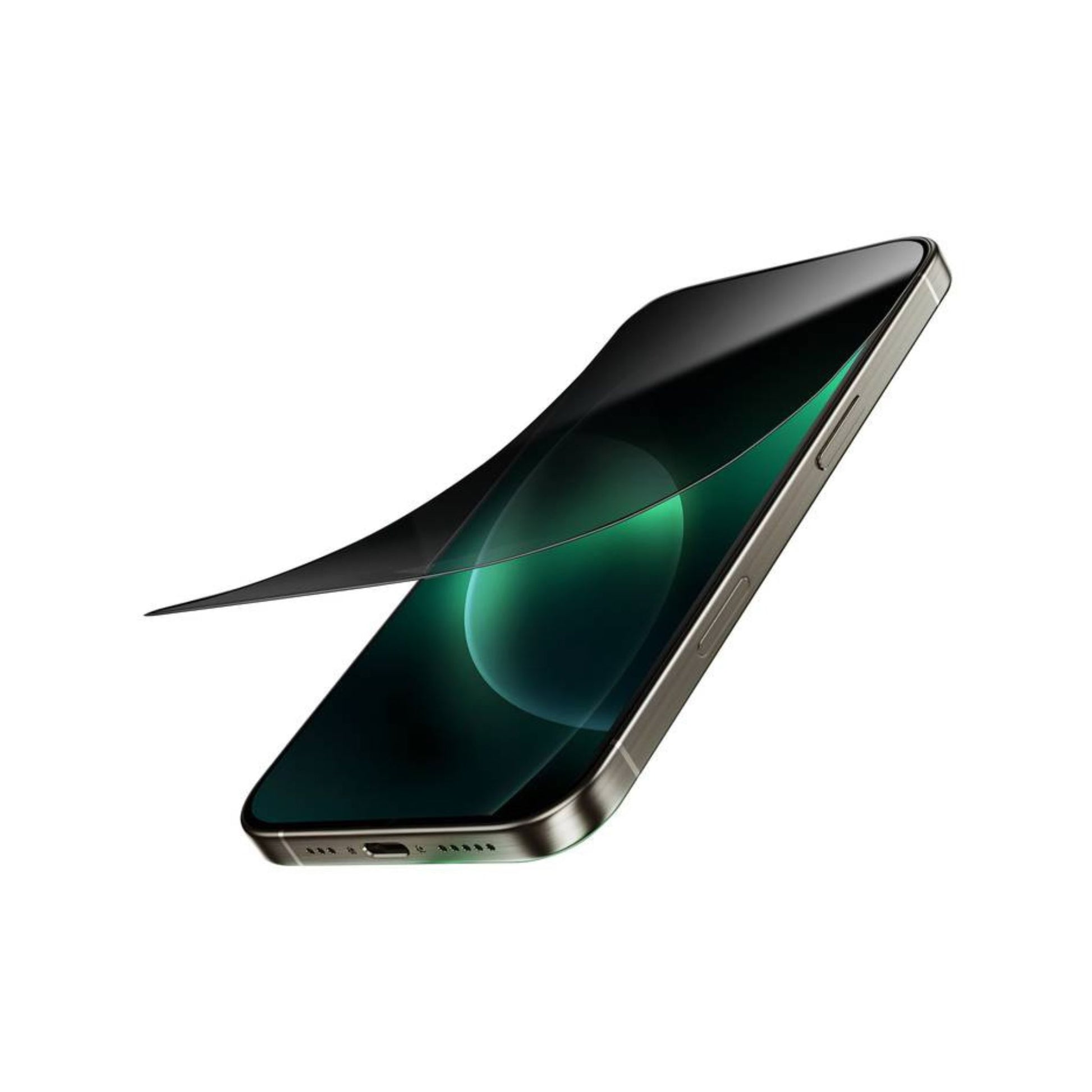A black privacy screen protector for an iPhone, displayed on a white background.