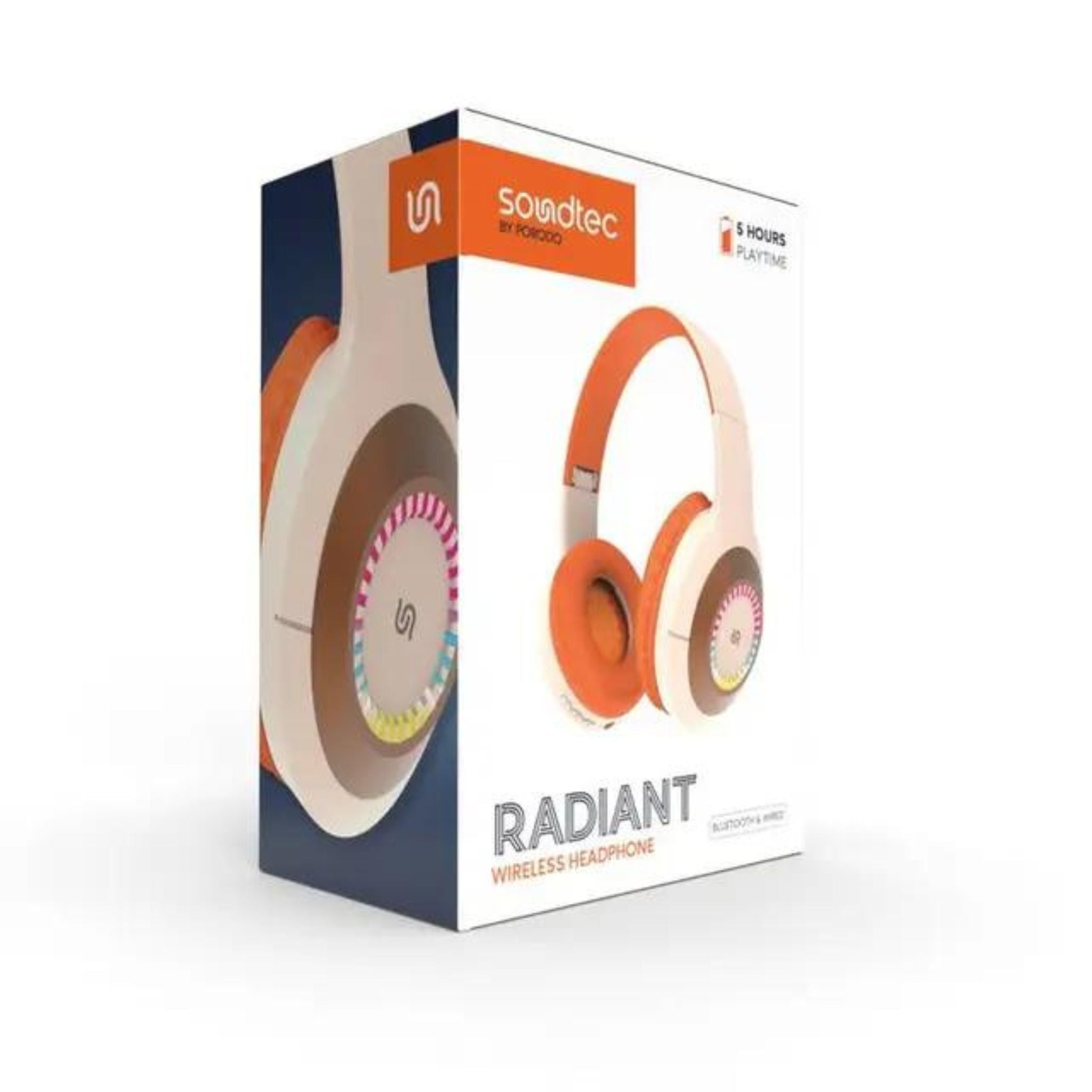Porodo Soundtec Radiant Wireless Headphones with 6 Hours Playtime, Type-C Charging, Convenient Controls, 3.5mm Jack, LED Light, 120 Hours Standby Time, Android and iOS Compatibility - Beige/Orange