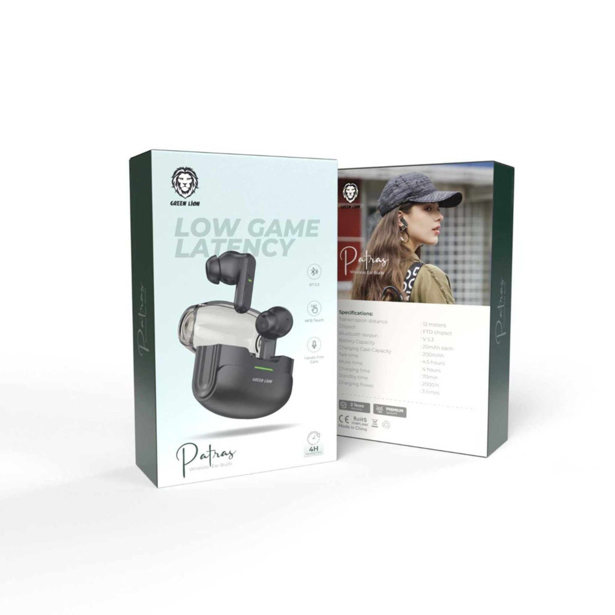 Green Lion Patras Wireless Earbuds, Hands-Free Calls, Multifunction Touch, 4.5 Hours Talk Time, 4 Hours Play Time, 83 Days Standby Time, Bluetooth Version 5.3 - Black