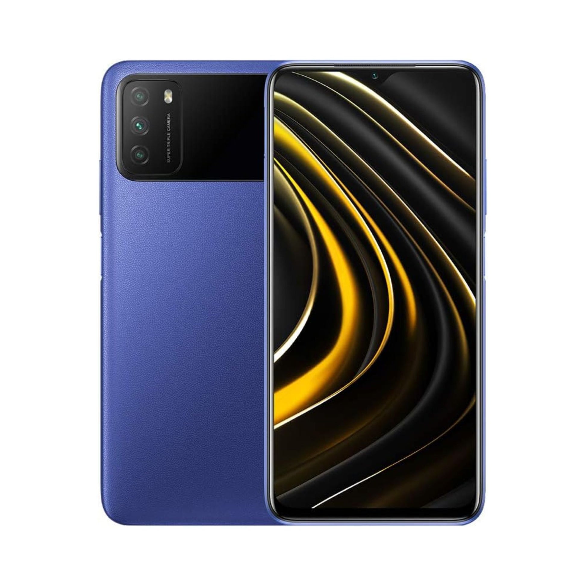 Xiaomi Poco M3 smartphone in Cool Blue color, displaying its front screen and rear camera setup.
