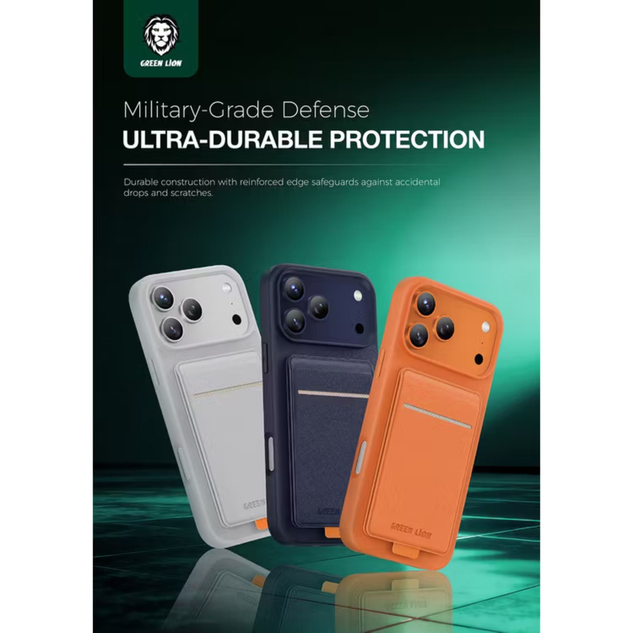 Green Lion Regal MagSafe Leather Case with Card Holder for iPhone 17 Pro, Anti-Fingerprint, Foldable Stand, Camera Protection, Comfortable Grip, Anti-Scratch, Shock Absorption - Blue