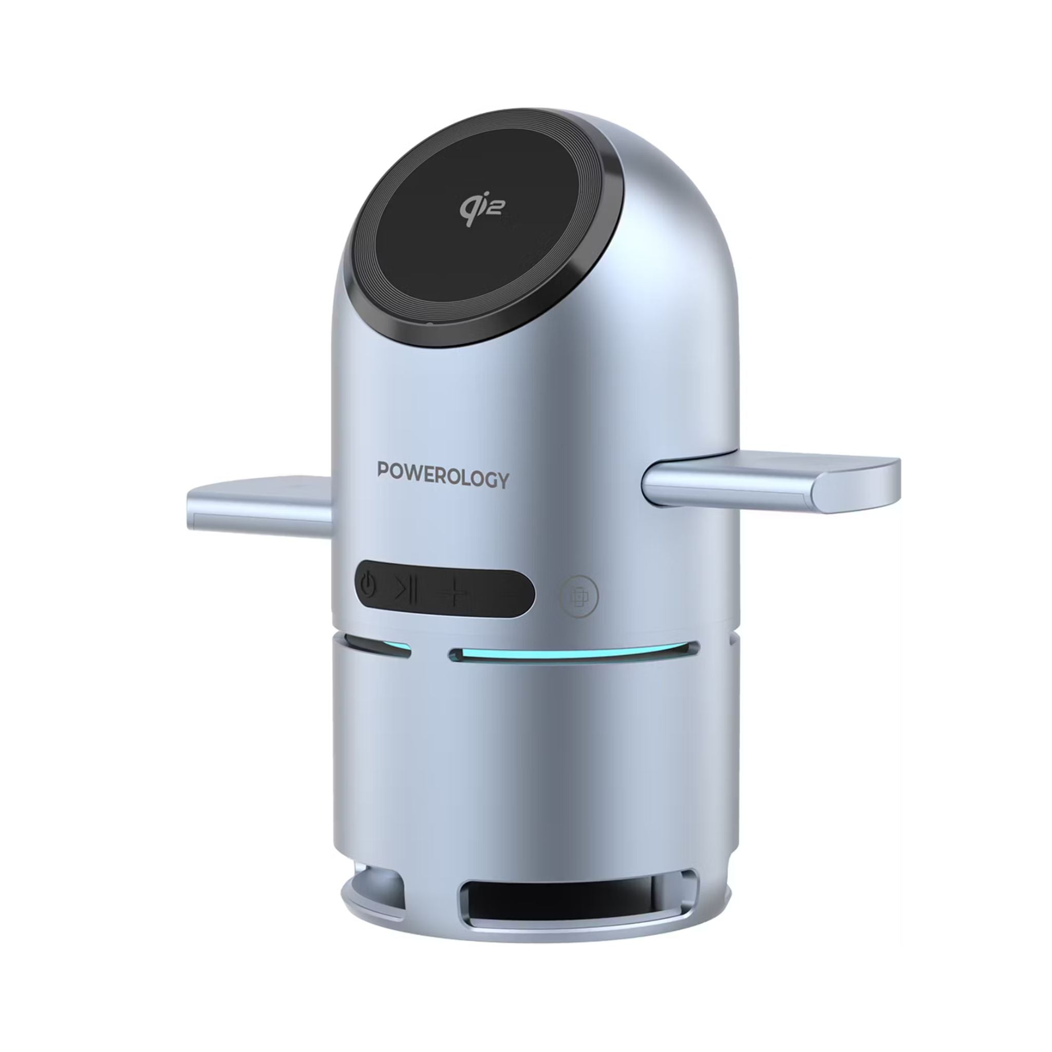 Powerology Qi2 Speaker Charge Station with Pop-Out Charging Dock, 15W Maximum Phone Output, 1000mAh Battery Capacity, Bluetooth Version 5.3, Built-in Safeguards - Gray
