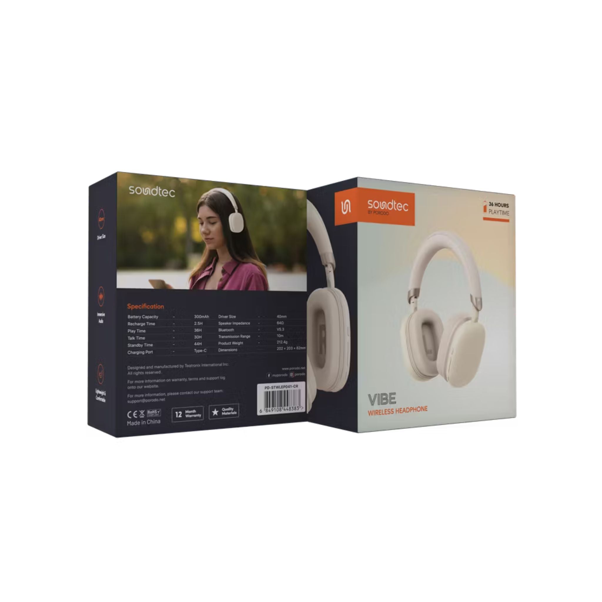 Porodo Soundtec Vibe Wireless Headphones with 36 Hours Play Time, Bluetooth Version 5.3, 2.5 Hours Charging Time, Type-C Charging Port - Cream