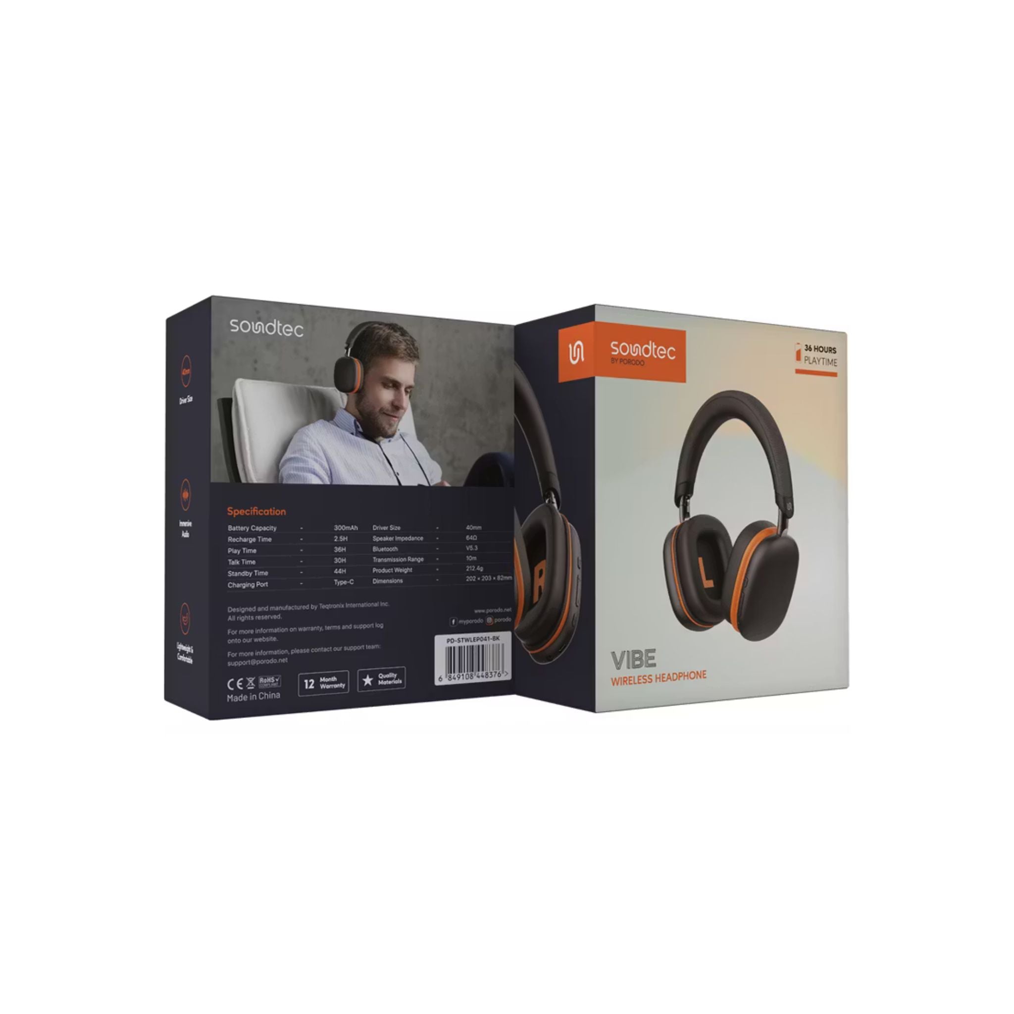 Porodo Soundtec Vibe Wireless Headphones with 36 Hours Play Time, Bluetooth Version 5.3, 2.5 Hours Charging Time, Type-C Charging Port - Black