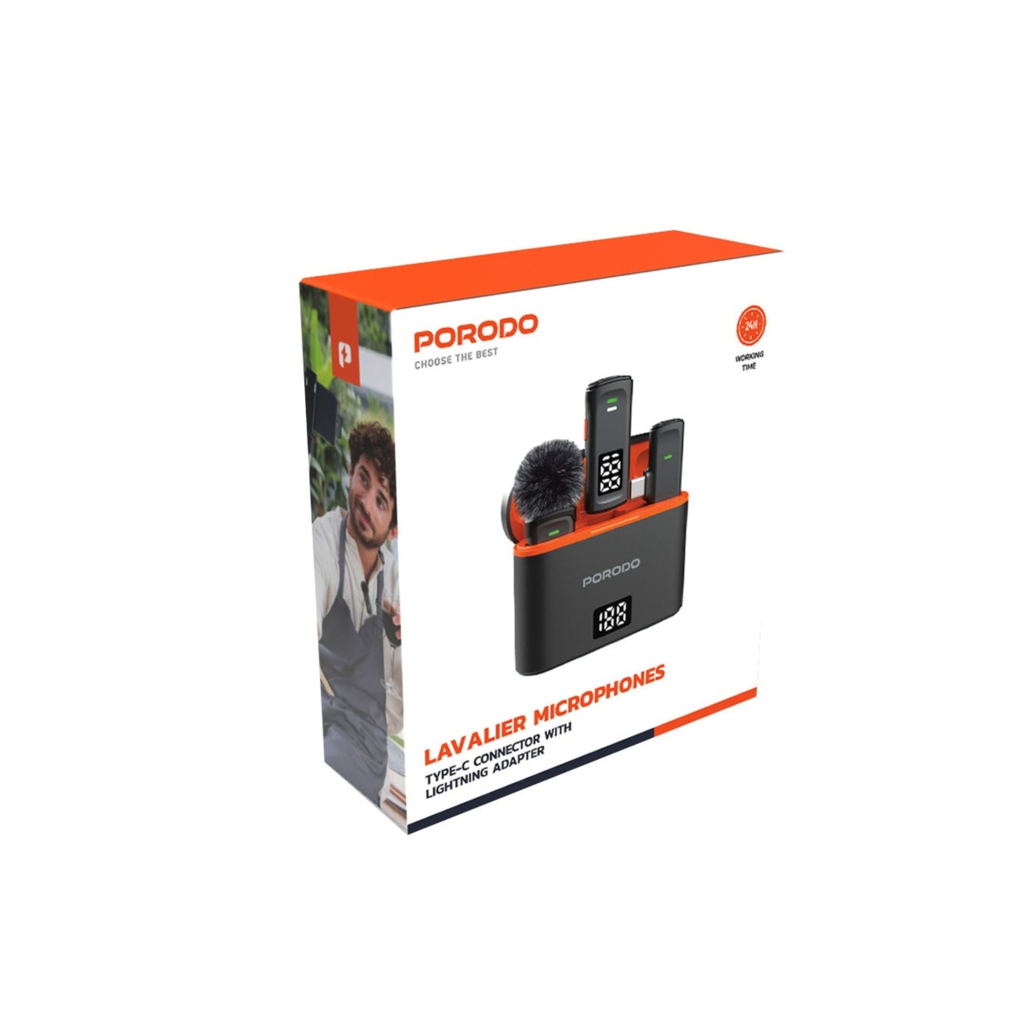 Porodo Wireless Collar Double Mic with Charging Case. Up to 24H use, 20ms low latency, 2.4GHz digital signal, 600mAh case, Type-C & Lightning adapter, digital display, crystal-clear sound, and plug & play. Perfect for content creators- Black