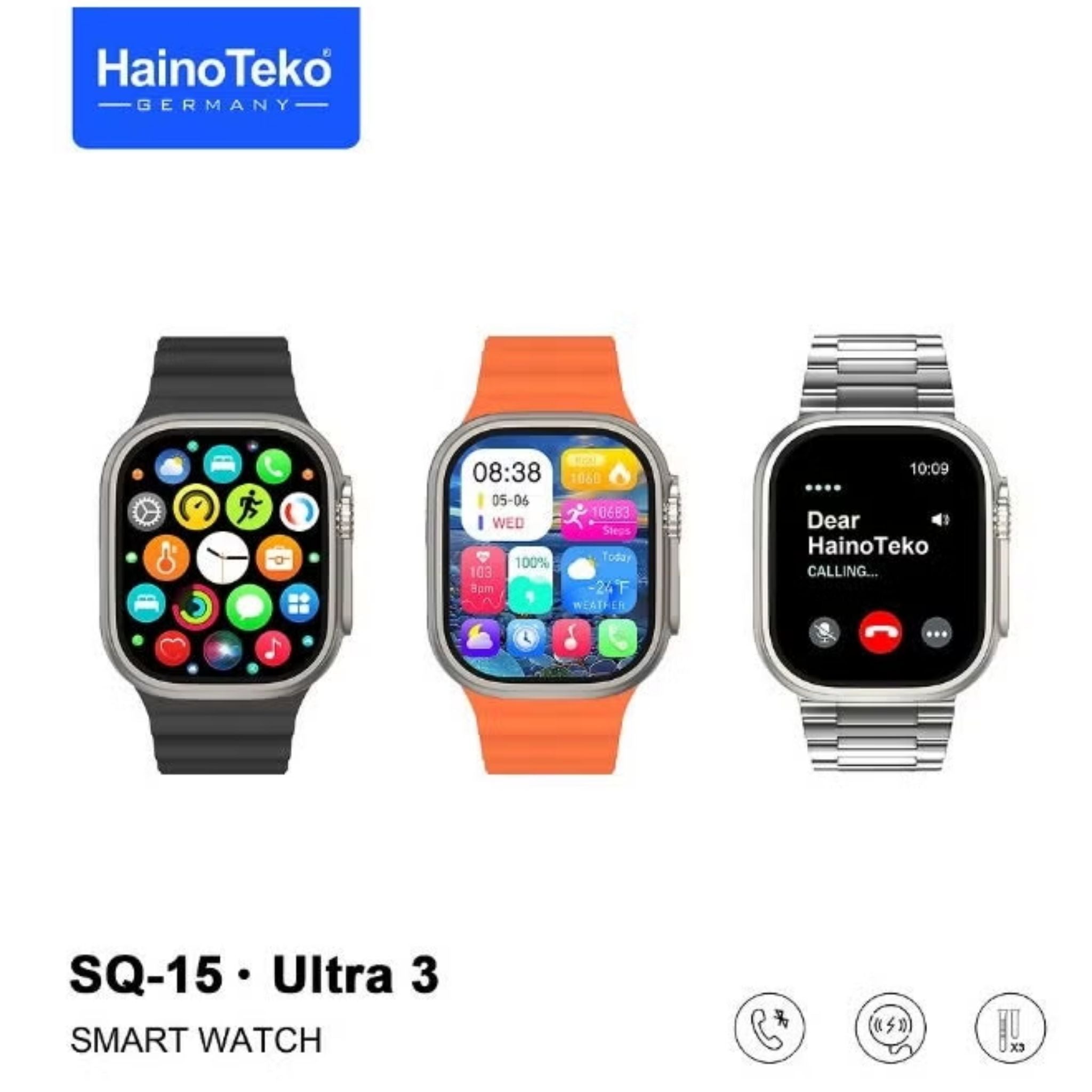 Haino Teko SQ-15 Ultra 3 Smart Watch with AMOLED Display, Bluetooth Calling, 3 Interchangeable Straps, Heart Rate & Sleep Monitoring, Fitness Tracker, Smart Notifications, Unisex – Silver