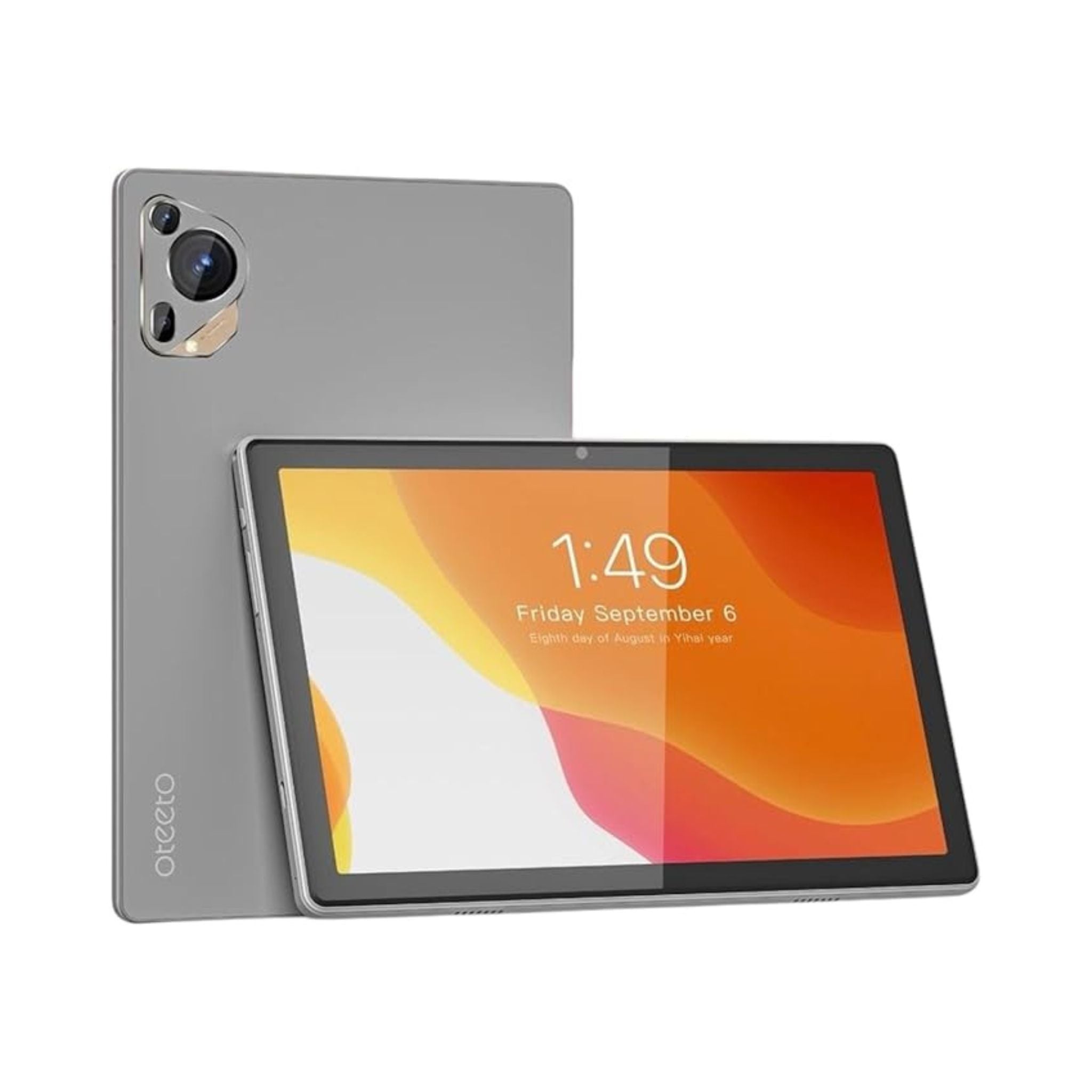 Gray tablet with a colorful display on a white background