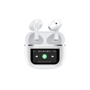 A pair of white Porodo Soundtec Wonder in-ear earphones with a touch screen on the charging case.