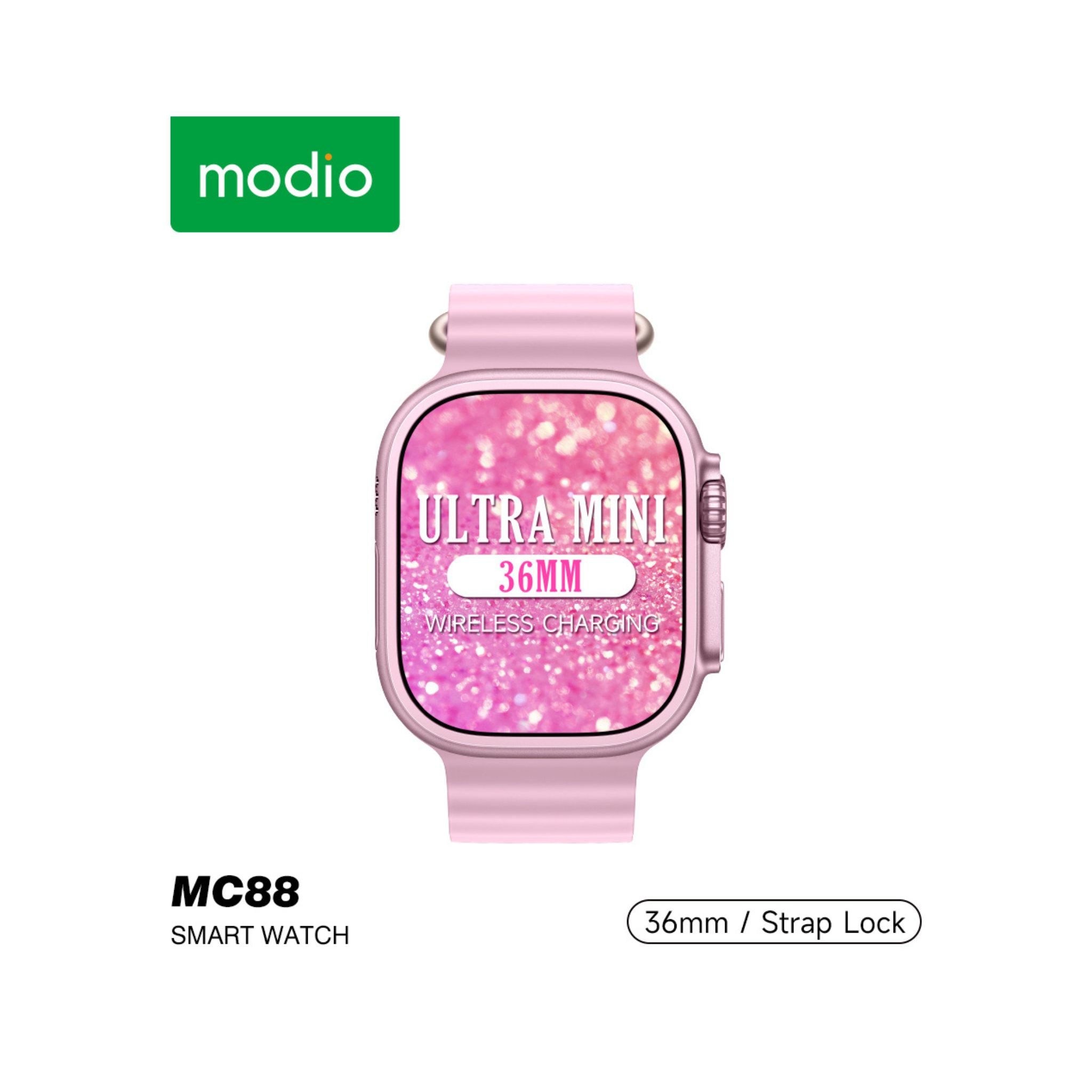Modio MC88 Ultra Mini Smart Watch with 36mm HD Display, Wireless Magnetic Charging, Secure Strap Lock, Screw-Style Metal Frame, Bluetooth Calling, Health & Fitness Monitoring, Notifications, Compact Unisex Design – Lightweight & Stylish