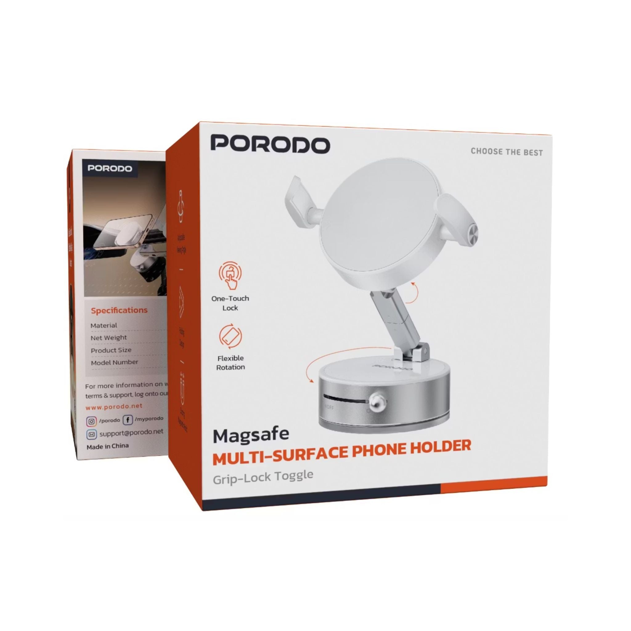 Porodo MagSafe Multi-Surface Phone Holder with Grip-Lock Toggle, Flexible Rotation, Aluminium Alloy & Zinc Alloy & ABS Material, Foldable Design, Strong Magnetic Hold - White