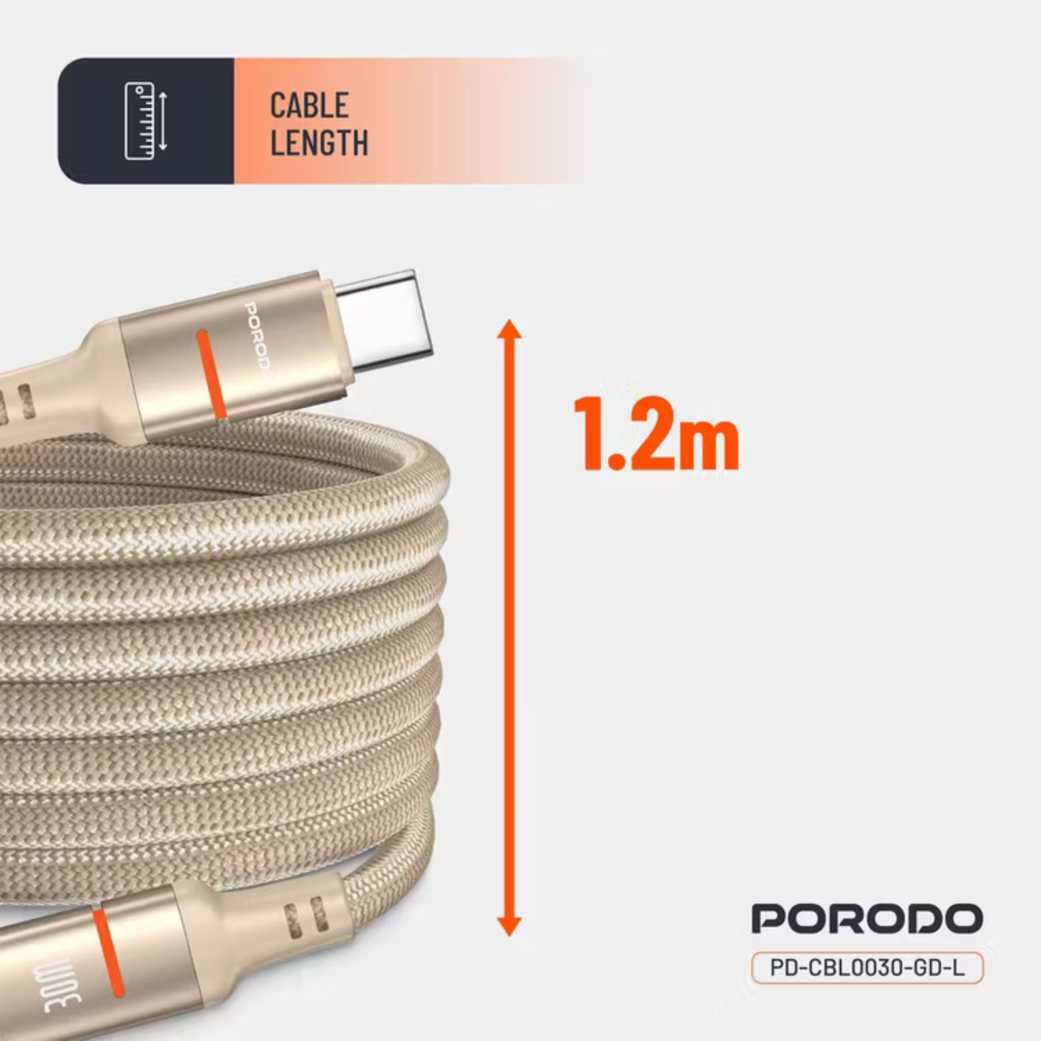 Porodo Type-C to Lightning Magnetic Braided Cable with 30W Power Delivery, 1.2m Cable Length, More than 15,000 Bends Lifespan, Tangle-Free Design - Gold