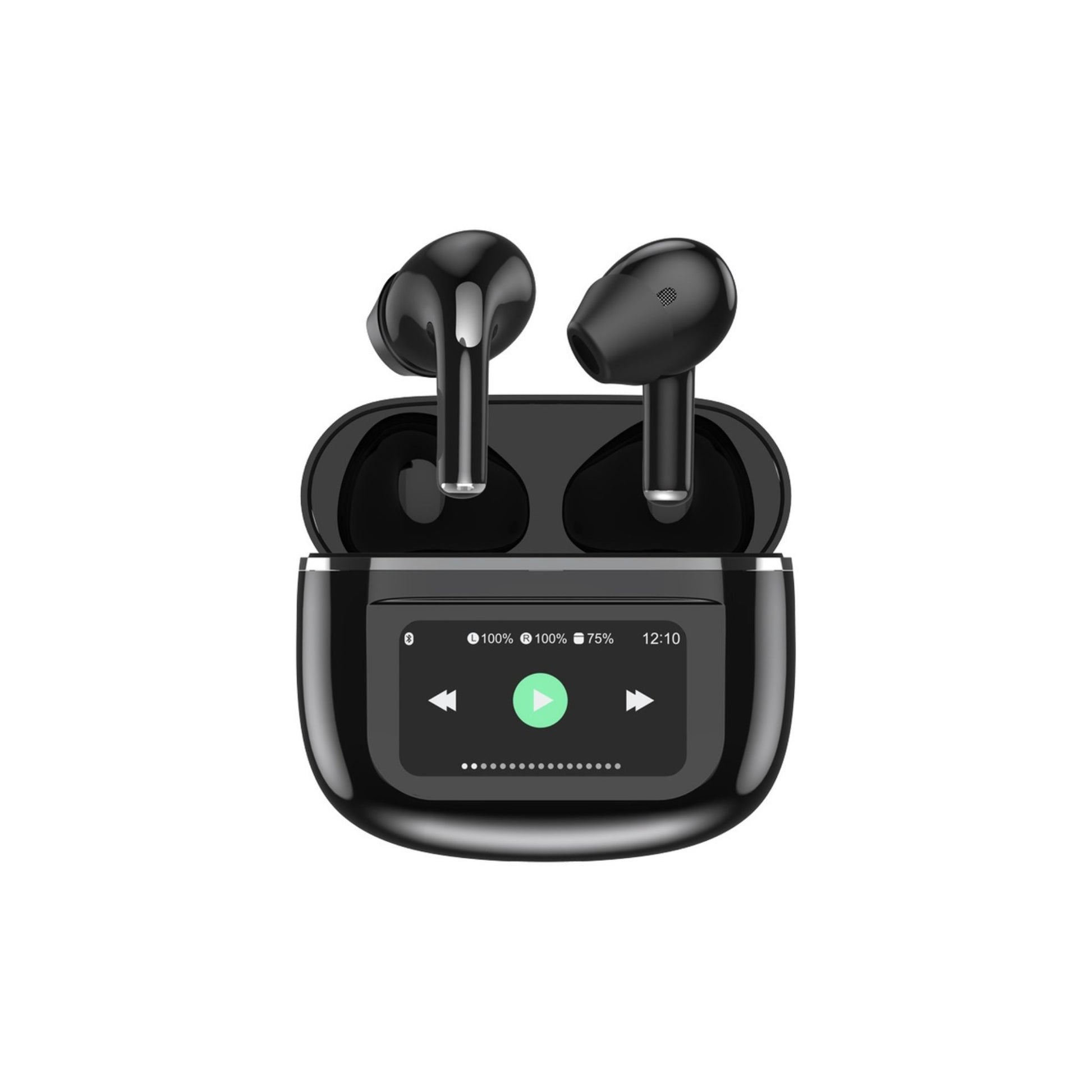 Black Porodo Soundtec Wonder TWS Earphones with touch screen and Bluetooth V5.4 technology, displayed in a charging case.