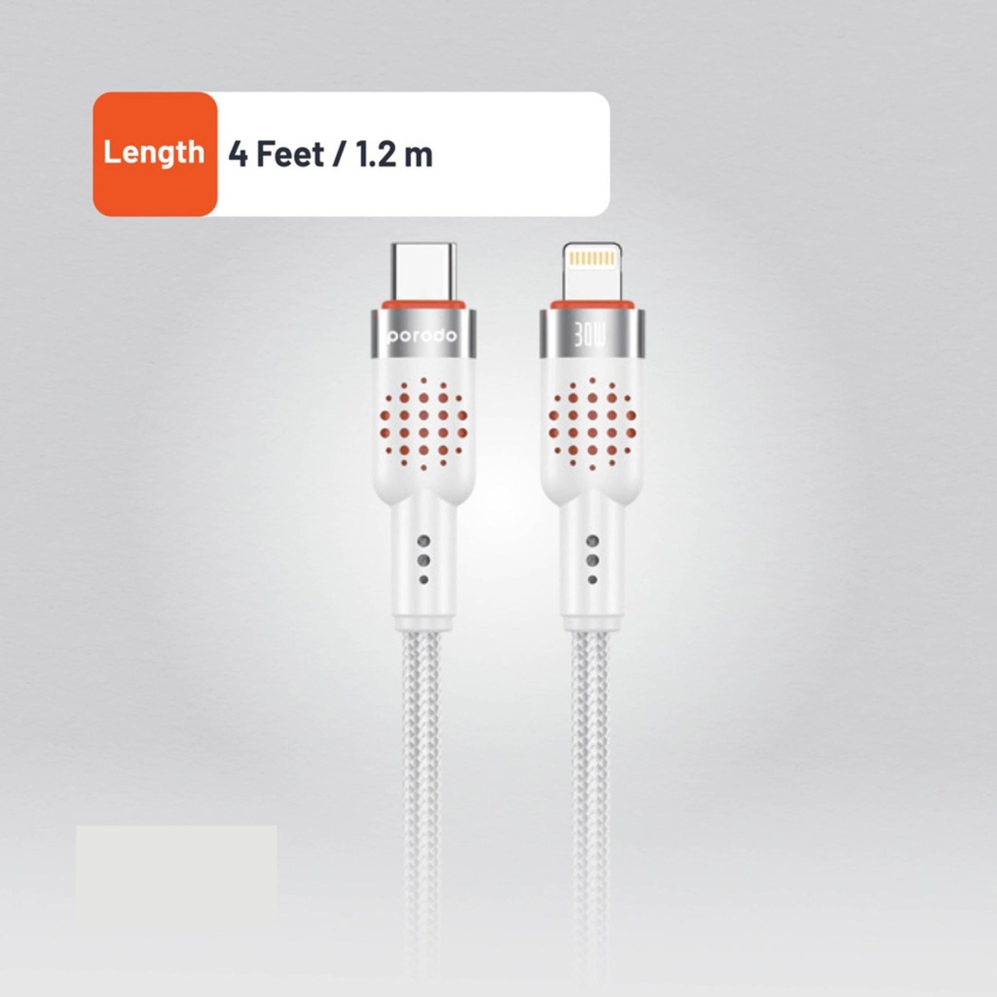 Porodo Braided Type-C to Lightning Cable with 30W Power Delivery, 1.2m Cable Length, 480Mbps Transfer Speed, More than 15,000 Bends Lifespan, Tangle-Free Design - White