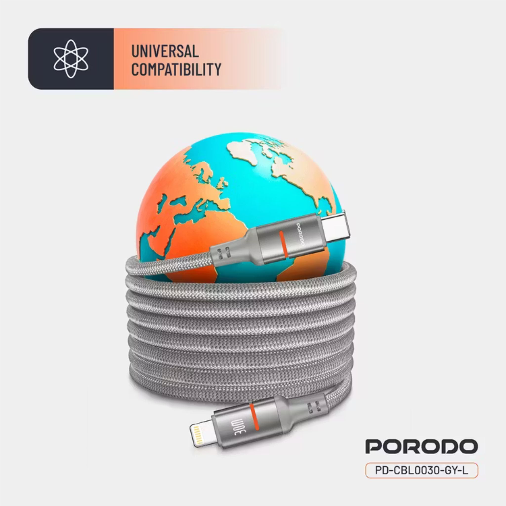 Porodo Type-C to Lightning Magnetic Braided Cable with 30W Power Delivery, 1.2m Cable Length, More than 15,000 Bends Lifespan, Tangle-Free Design - Gray