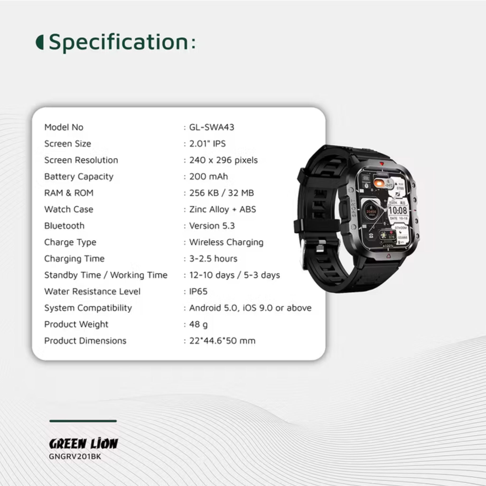 Green Lion Gravix Smart Watch with Multiple Sport Modes, 200mAh Battery Capacity, Remote Capture, IP65 Water Resistance Level, Bluetooth Version 5.3, Heart Rate Monitor - Black