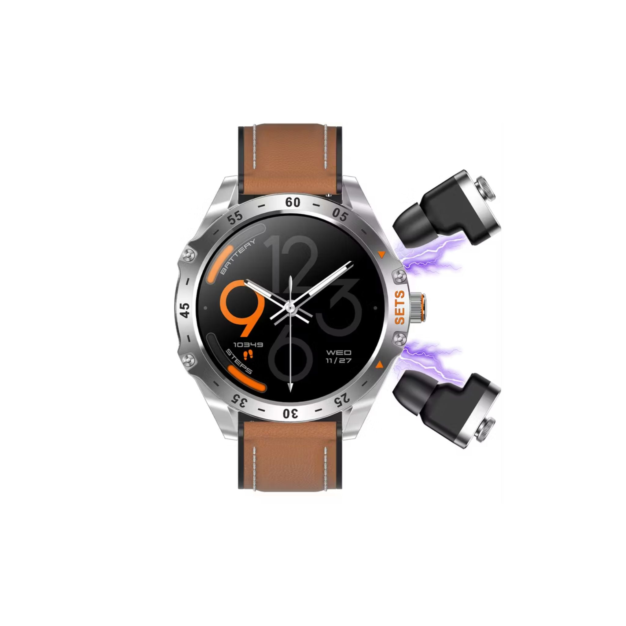 Porodo Hype Smart Watch with Wireless Earbuds and Black Leather Band, Compatible with Android 5.0, iOS 10.0 and Above