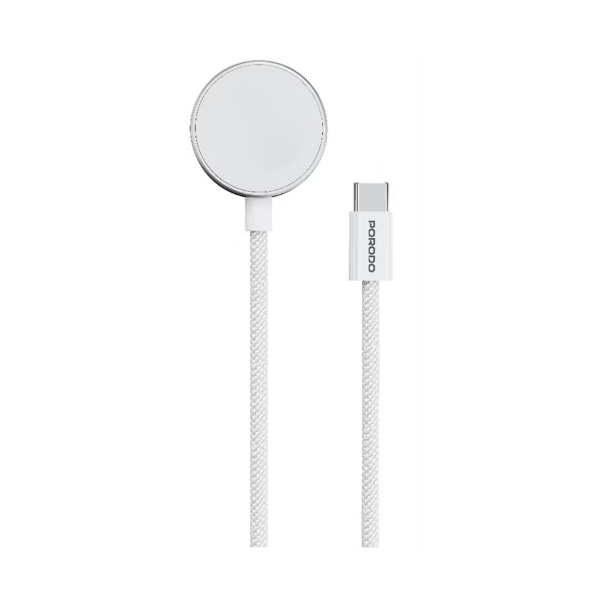 Porodo One Touch Magnetic Watch Charger with 2.5W Rated Power, 1m Cable Length, Cotton Braided Material, High-Speed Charging, Strong Magnetic Hold - White