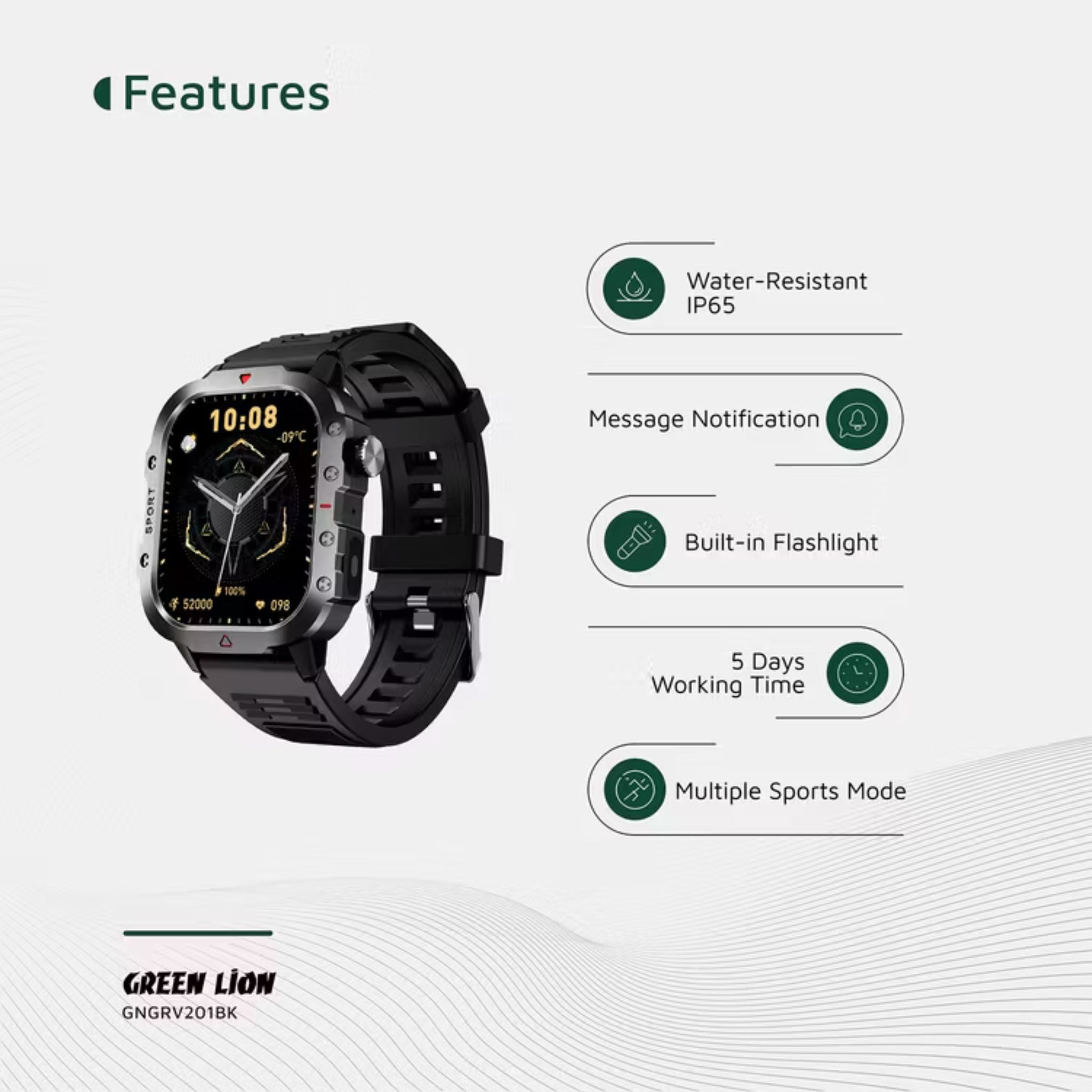 Green Lion Gravix Smart Watch with Multiple Sport Modes, 200mAh Battery Capacity, Remote Capture, IP65 Water Resistance Level, Bluetooth Version 5.3, Heart Rate Monitor - Black