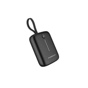 A black Powerology 10000mAh power bank with a detachable USB-C wire and a lanyard loop.