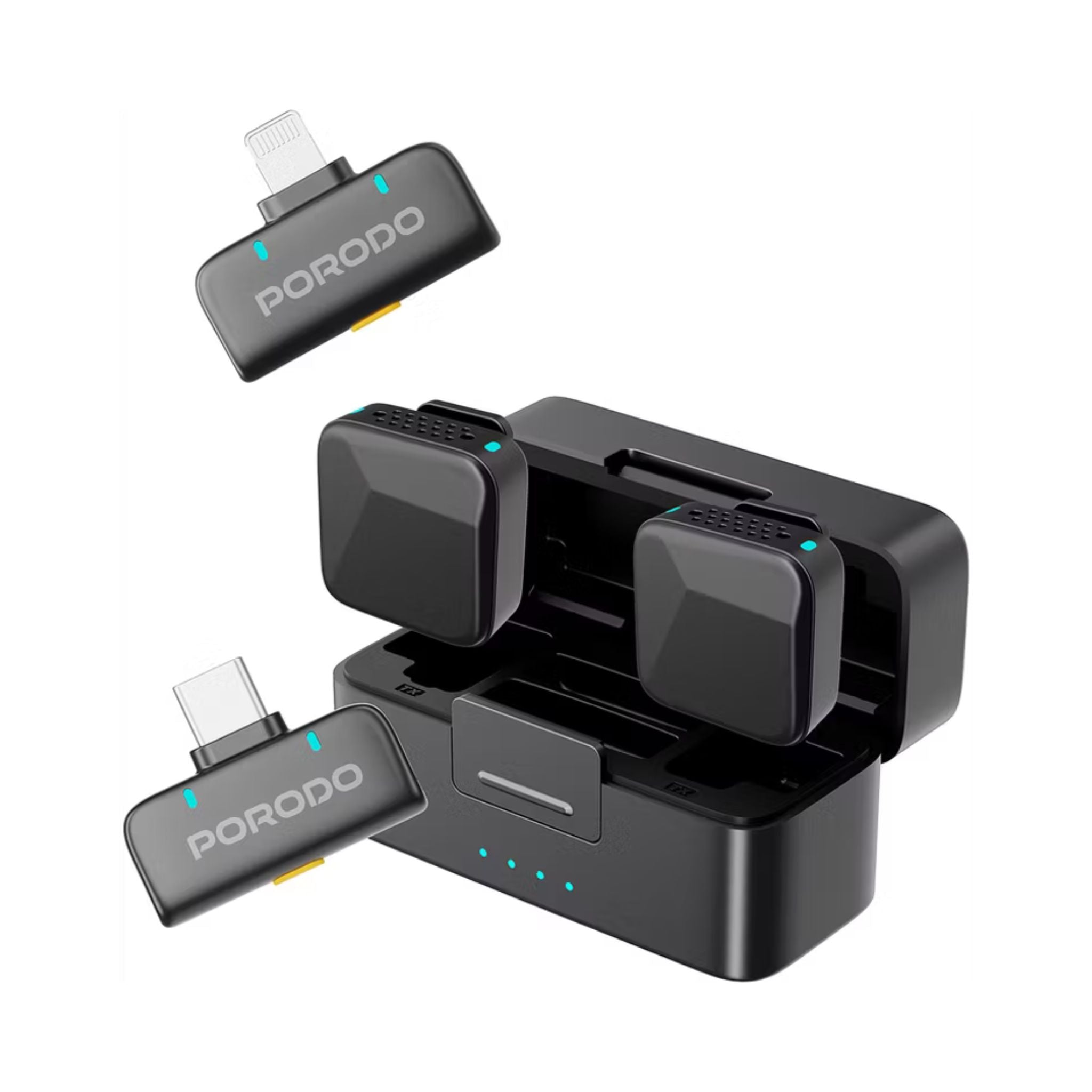 Black electronic device with two USB connectors and 'PORODO' branding on a white background
