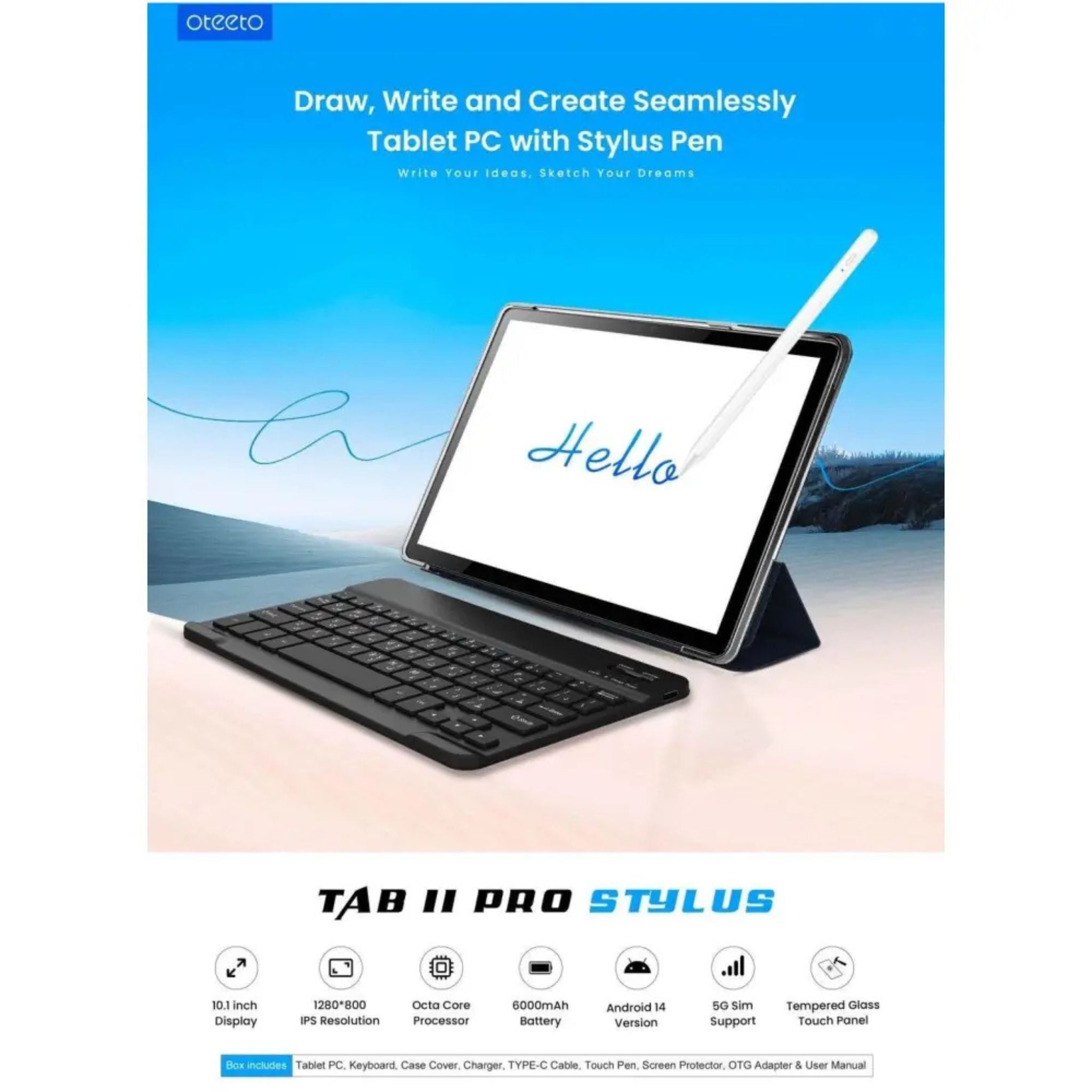 Oteeto TAB 11 Pro Stylus 8 GB RAM 512 GB ROM 10.1 Inch Display 5G Android Tablet PC With Wireless Keyboard Stylus Pen and 6000 mAh Battery- Grey