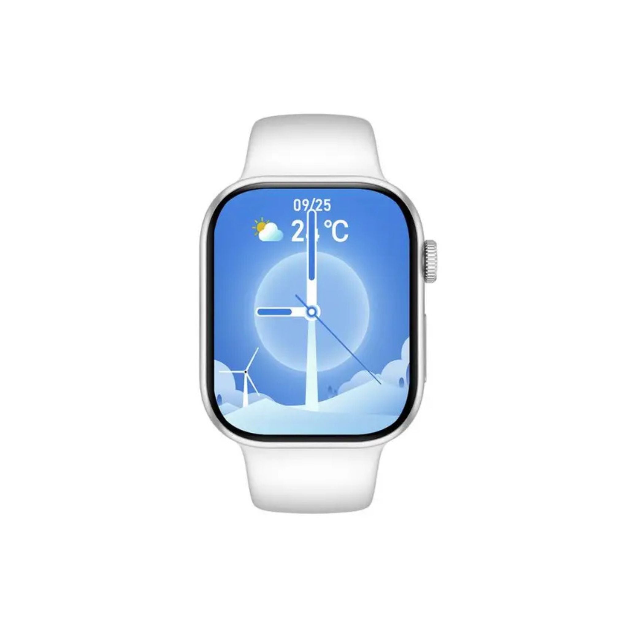 A silver Porodo Magnifico 3 smartwatch with a digital display showing the time and various smart notifications on a white band.