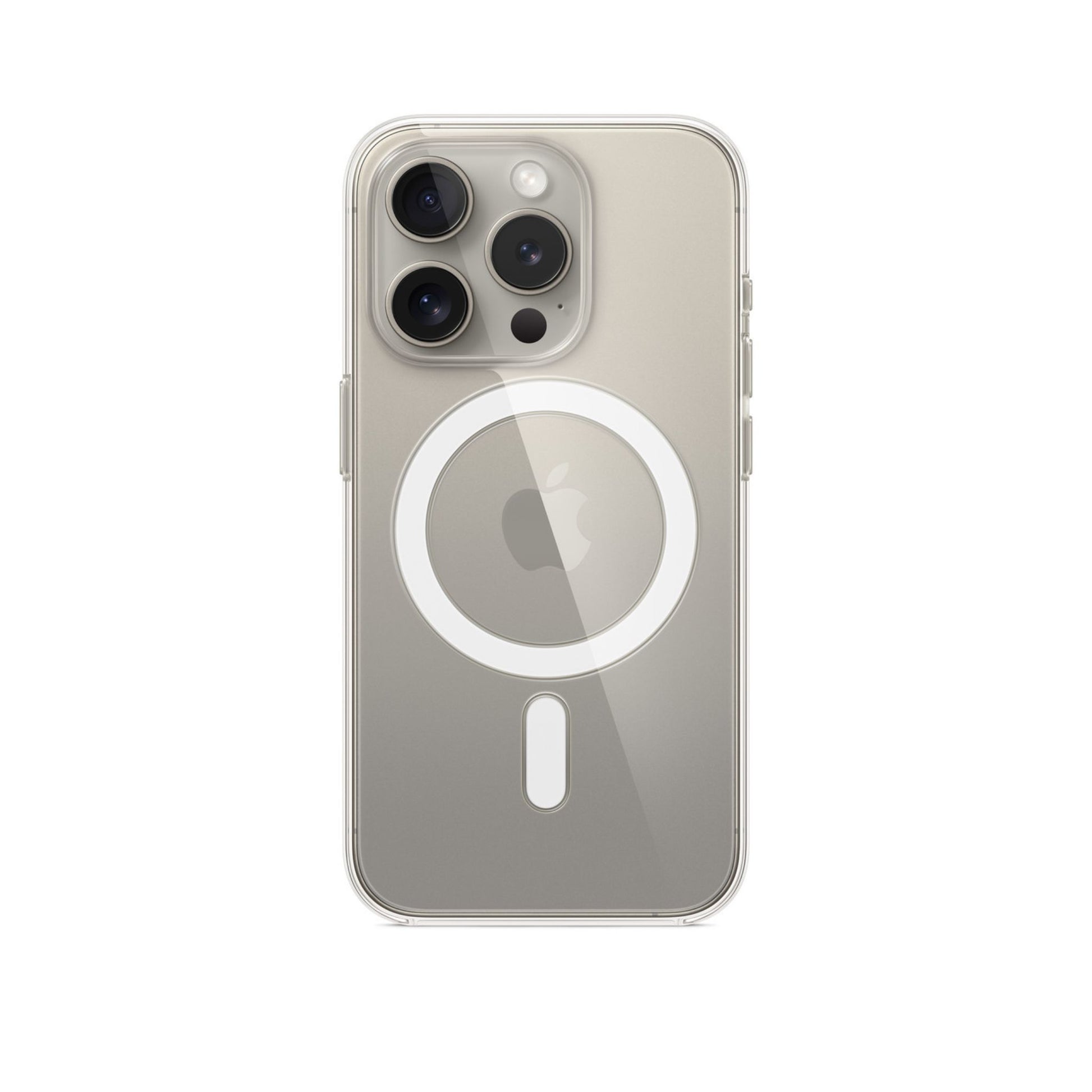 Clear case for iPhone 15 Pro with MagSafe feature visible on the back.
