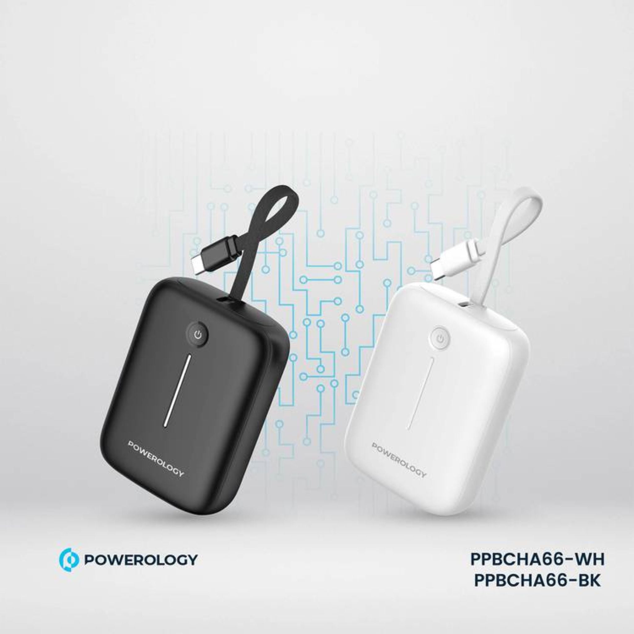 Powerology 10000mAh Power Bank with Detachable USB-C Wire, 20W Power Delivery, 3-Device Charging, Long Time Standby, Universal Phone Compatibility, Built-in Safeguards - White