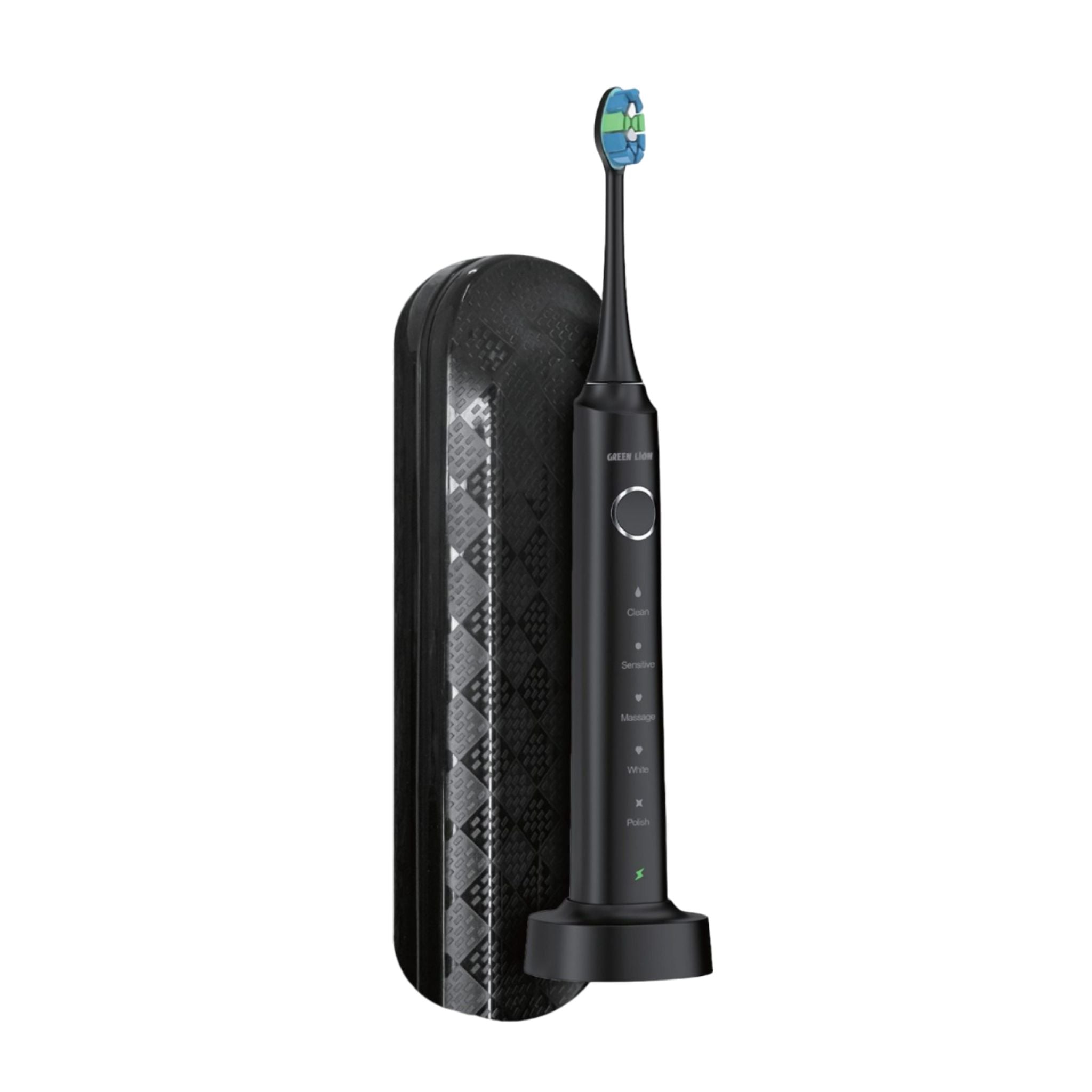 A black Green Lion Smart Brush rechargeable toothbrush with a blue bristle head, displayed alongside its charging dock.