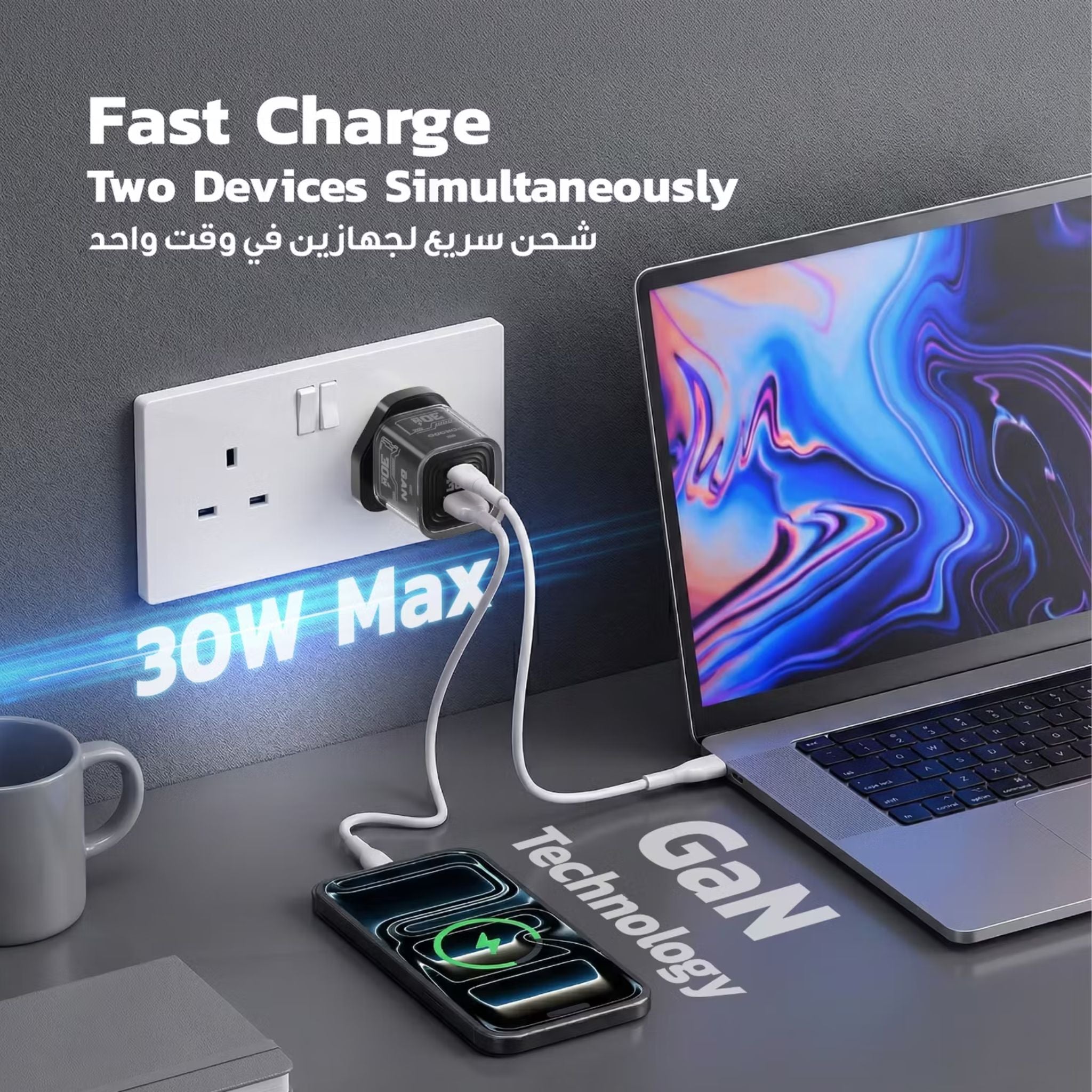 Porodo TEZCLARTÉ Quick Wall Charger with Dual Port Fast Charging, Flame Retardant Housing, Transparent Design, PD 30W USB-C Output, QC 20W USB-A Output - Black