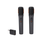 Two JBL Portable Partybox Digital Wireless Mics in black with a charging dongle.