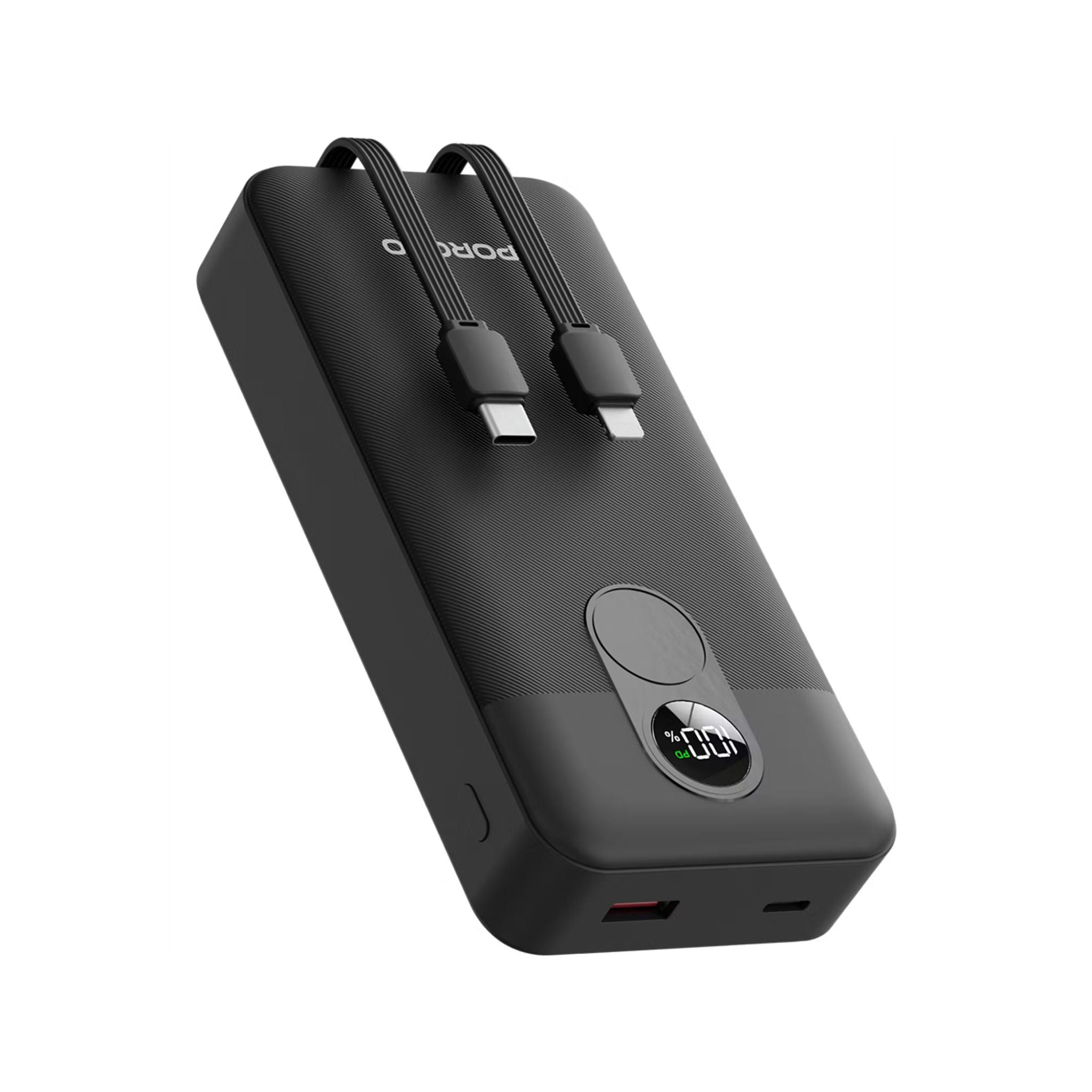 Porodo 20000mAh Power Bank with Built-in Type-C & Lightning Cables, 22.5W Power Delivery, Simultaneous Charging, 0%-60% Charge in 35 Minutes, Digital Display - Black