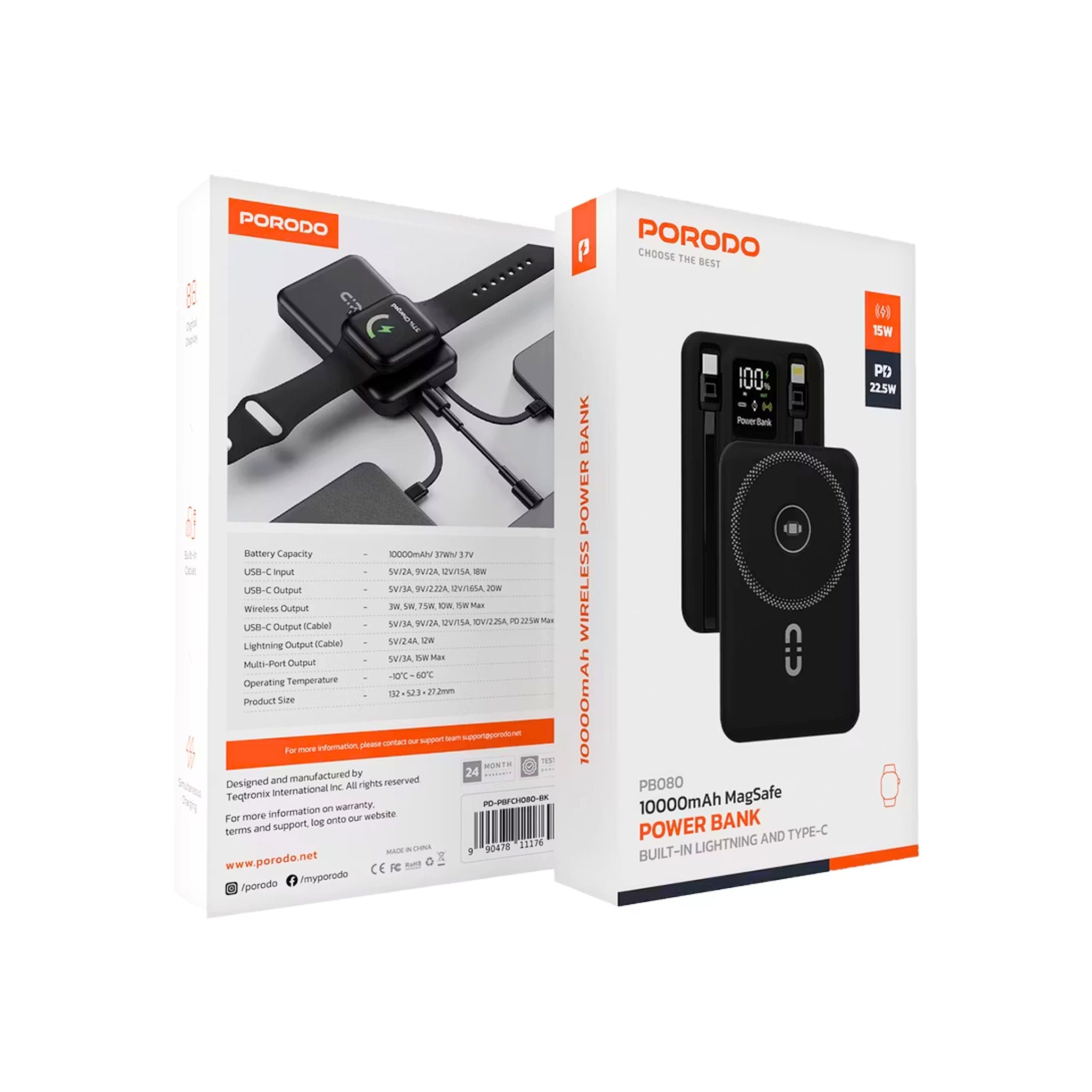Porodo Magnetic Wireless 10000mAh Power Bank with Built-in USB-C + Lightning Cable Bracket, Simultaneous Charging, Digital Display, PD 22.5W - Black