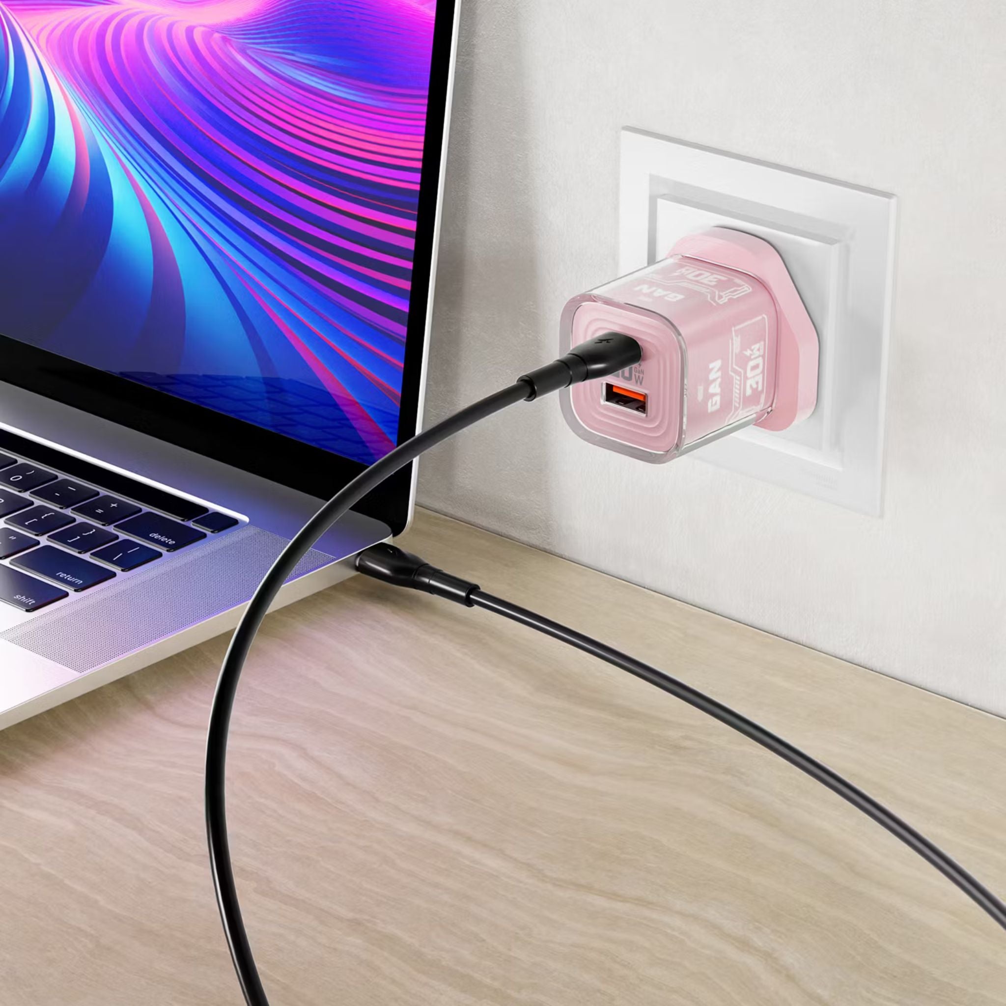 Porodo TEZCLARTÉ Quick Wall Charger with Dual Port Fast Charging, Flame Retardant Housing, Transparent Design, PD 30W USB-C Output, QC 20W USB-A Output - Pink