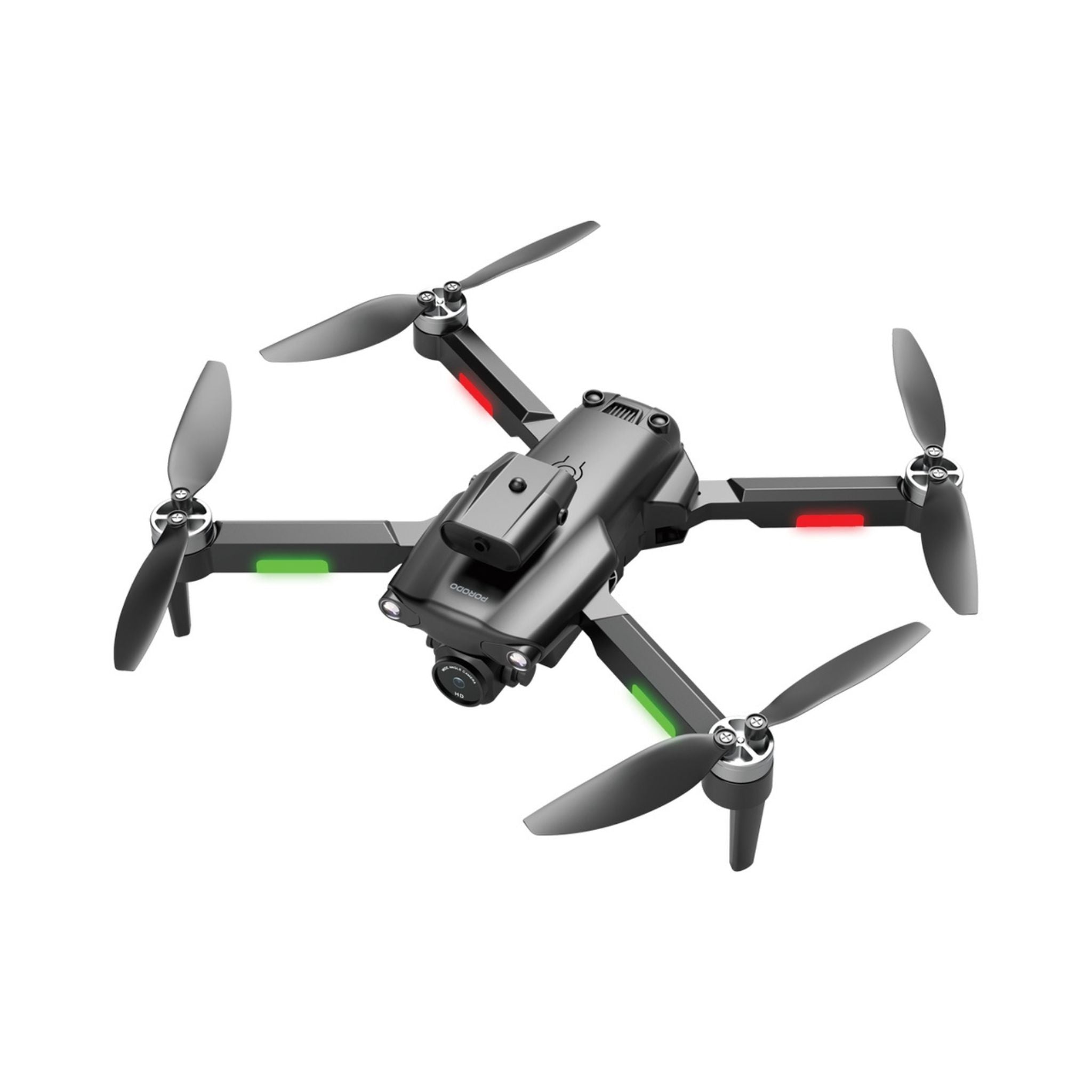 A black Porodo Aeroswift folding drone with brushless motors and infrared obstacle avoidance, featuring red and green accents on the propellers.