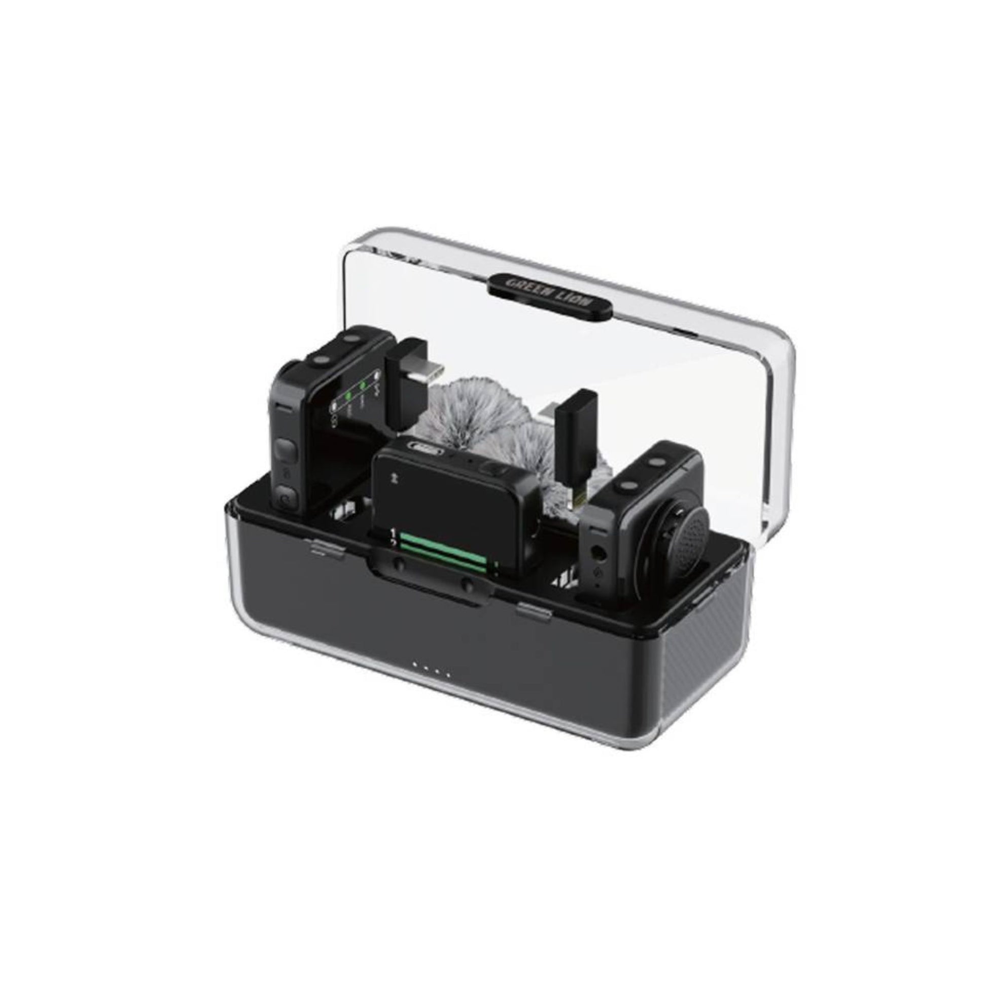 A professional wireless microphone system by Green Lion, consisting of two black microphones and one receiver, displayed alongside a charging case.