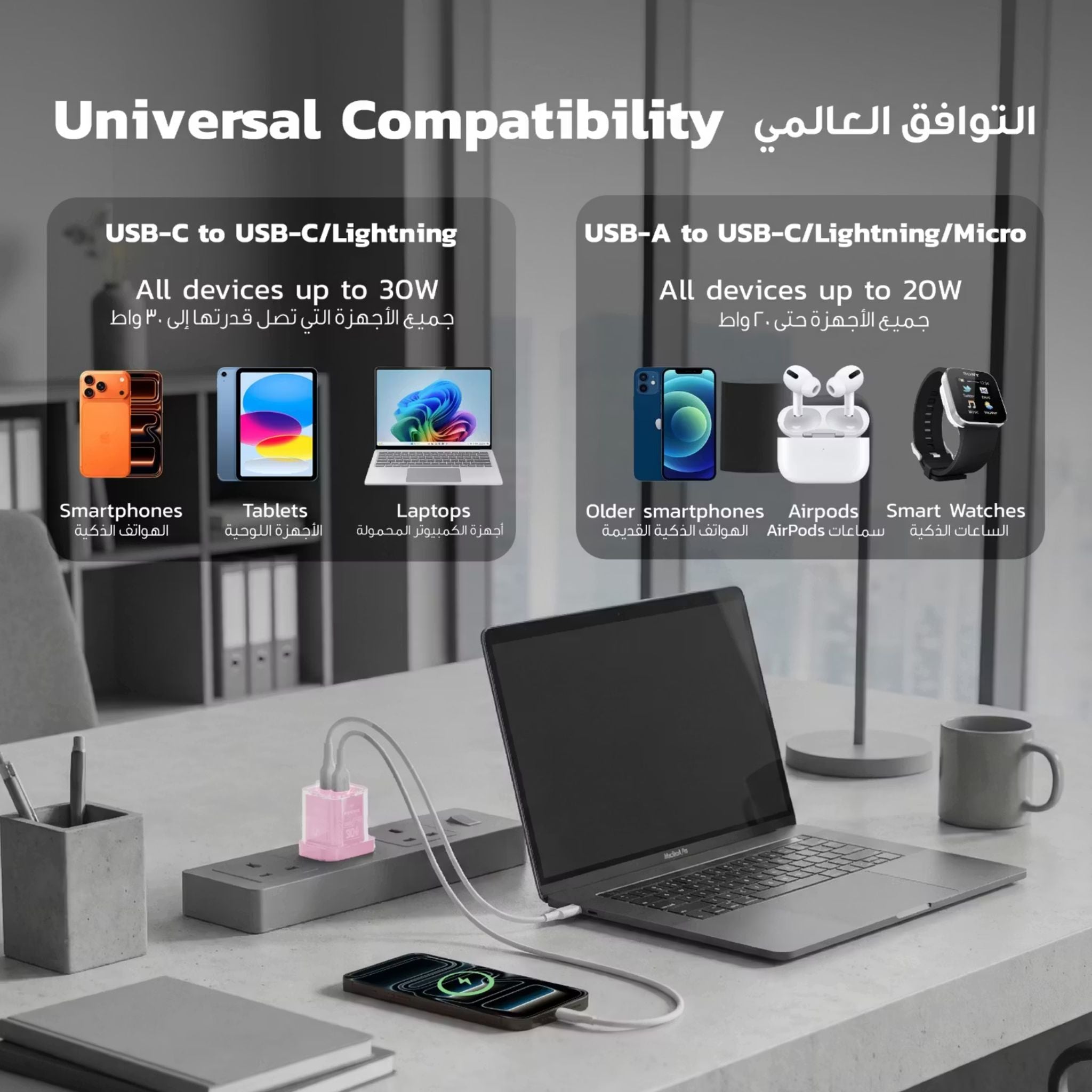 Porodo TEZCLARTÉ Quick Wall Charger with Dual Port Fast Charging, Flame Retardant Housing, Transparent Design, PD 30W USB-C Output, QC 20W USB-A Output - Pink