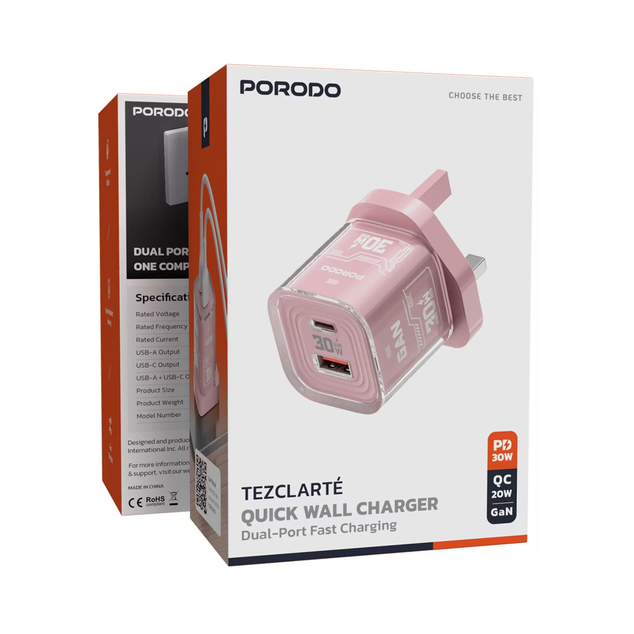 Porodo TEZCLARTÉ Quick Wall Charger with Dual Port Fast Charging, Flame Retardant Housing, Transparent Design, PD 30W USB-C Output, QC 20W USB-A Output - Pink