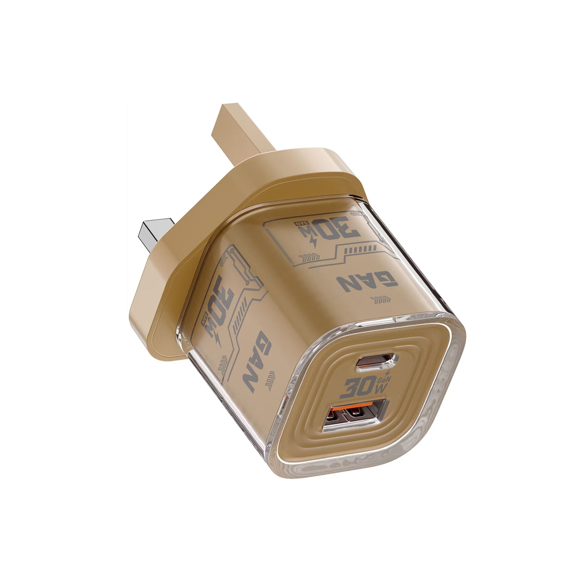 Porodo TEZCLARTÉ Quick Wall Charger with Dual Port Fast Charging, Flame Retardant Housing, Transparent Design, PD 30W USB-C Output, QC 20W USB-A Output - Khaki