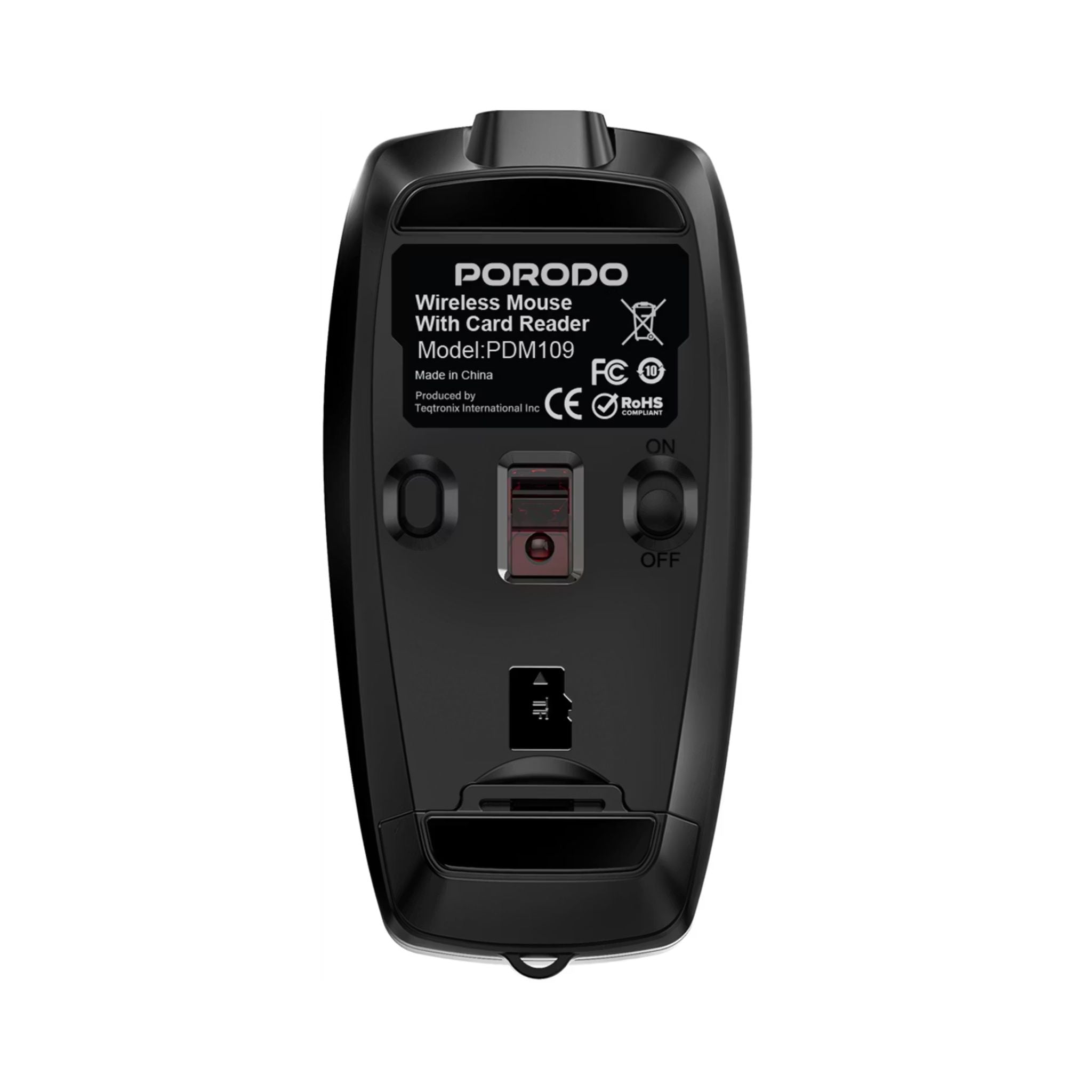 Porodo 1600DPI Wireless Mouse with Card Reader, 120mAh Battery, ABS Material, Bluetooth Version 5.1, 10m Working Distance, Silent Efficient Performance, Plug & Play - Black
