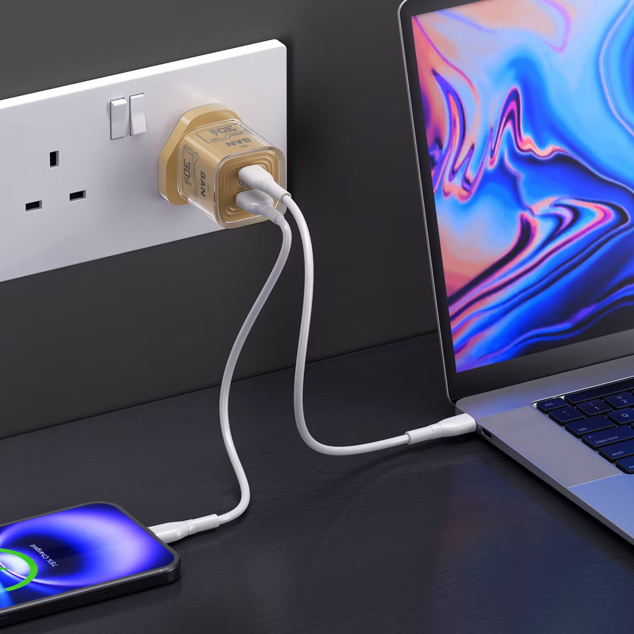 Porodo TEZCLARTÉ Quick Wall Charger with Dual Port Fast Charging, Flame Retardant Housing, Transparent Design, PD 30W USB-C Output, QC 20W USB-A Output - Khaki
