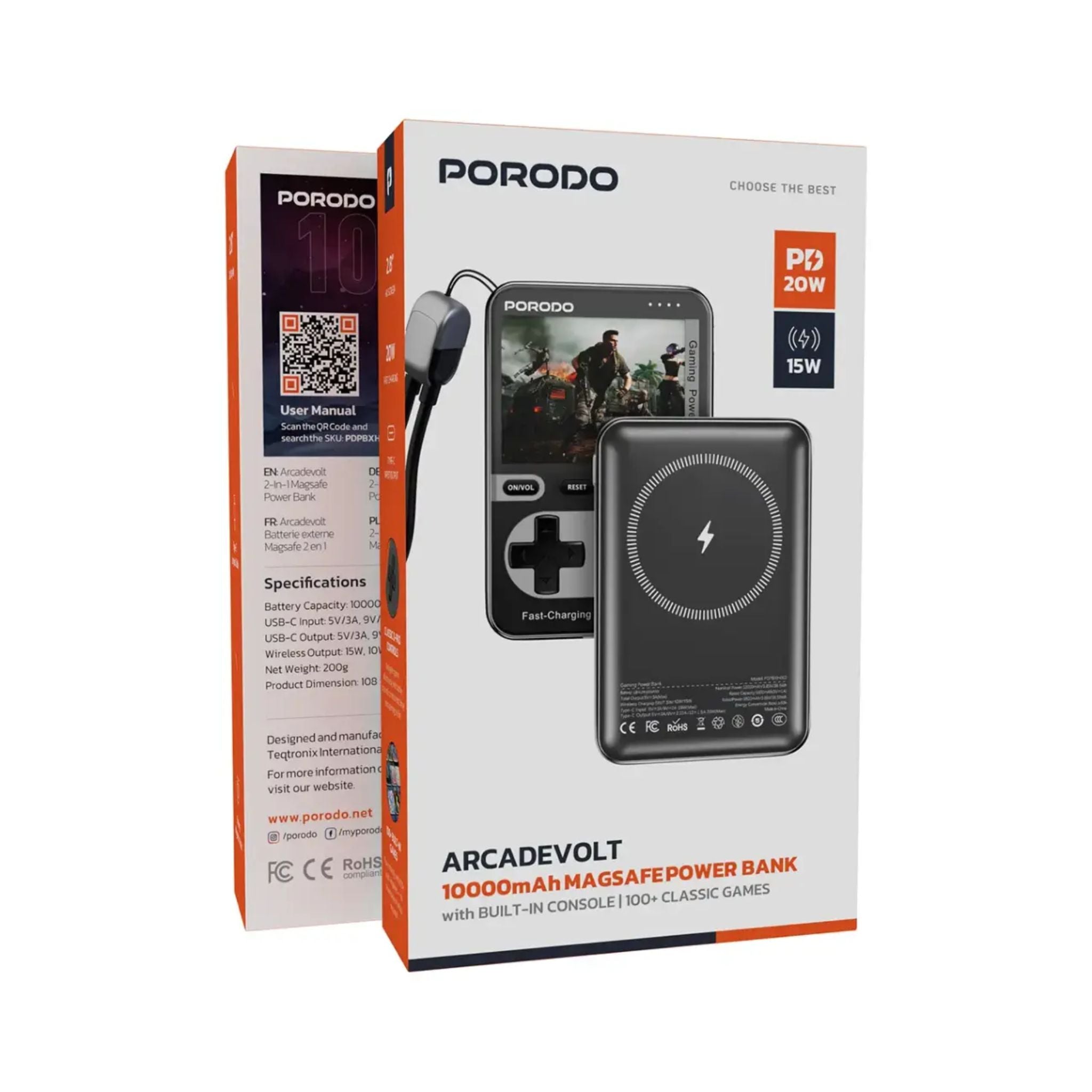 Porodo Arcadevolt 10000mAh MagSafe Power Bank with Built-in Console, +100 Classic Games, PD 20W, 2.8" HD Display, Type-C Lanyard Cable - Black
