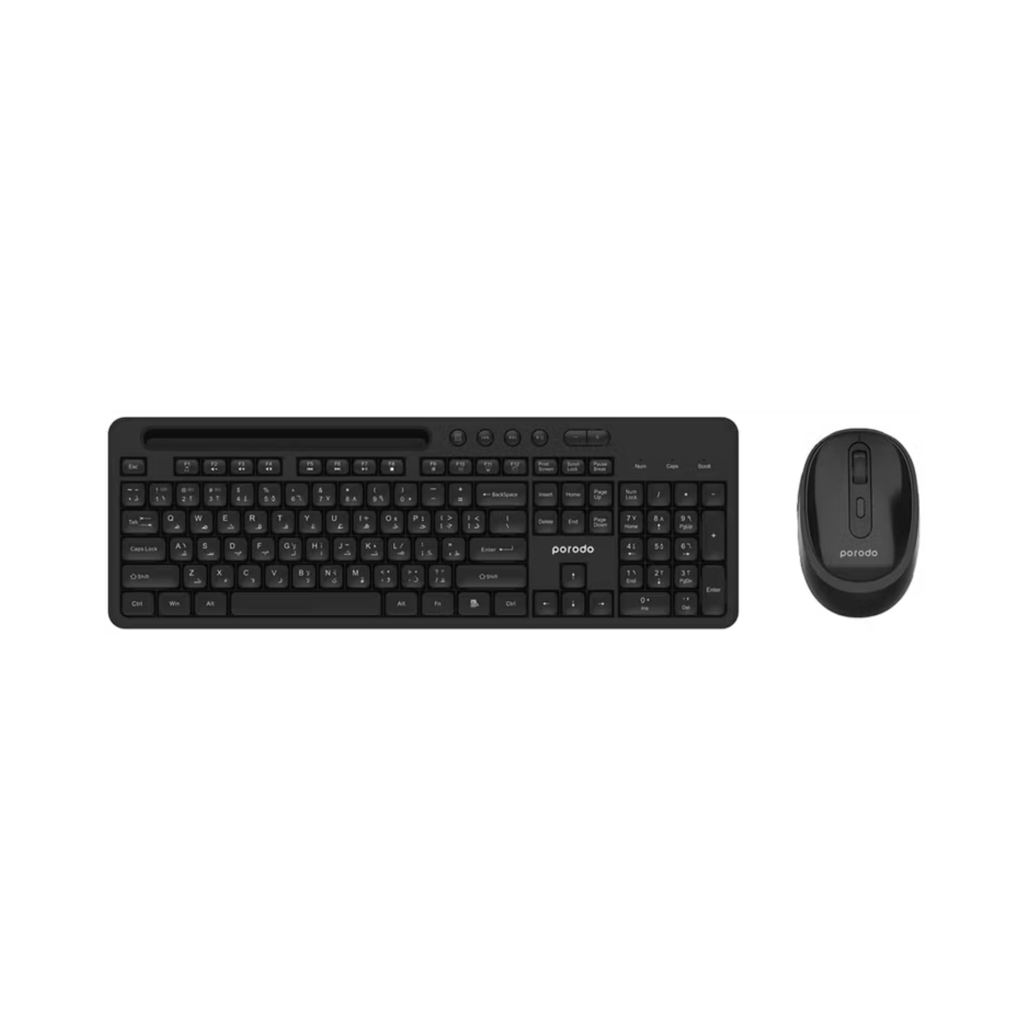 Porodo Dual Mode Wireless Keyboard & Mouse Set with Bluetooth Connection, Wireless 2.4GHz Connectivity, 104 Keys, 4 Mouse Buttons, Arabic & English Layout - Black