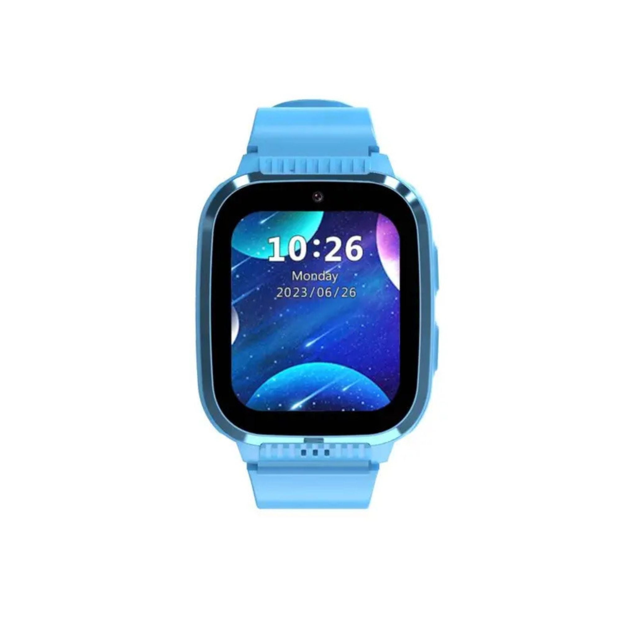 A blue Porodo 4G Kids GPS smart watch with a silicone band and a digital display showing the time and date.