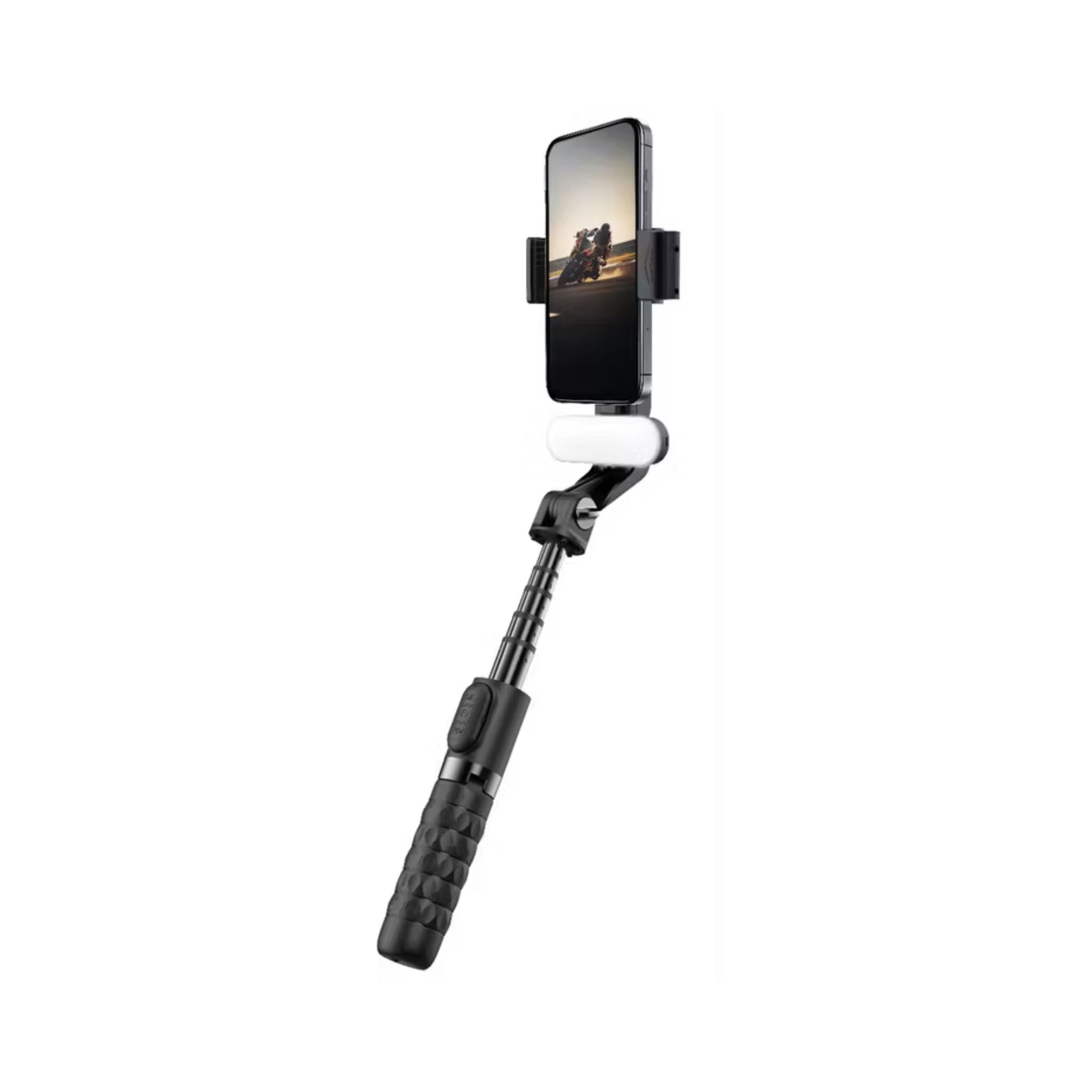Porodo QuadBase Gimbal Stabilizer with Detachable Fill Light, 10.87 to 15.04cm Mount Holder Range, Anti-Shake, 79cm Extended Length, Remote Control - Black