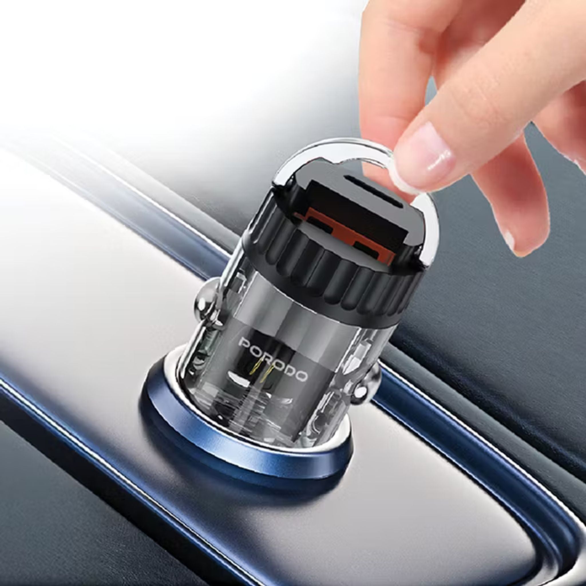 Porodo Dual Port Transparent Car Charger with USB-C to Lightning Cable, PD 36W, QC 18W, USB-A & USB-C Ports, Pull Ring Handle, Fast Charging Technology, Smart Charging Protocols, Universal Compatibility - Black