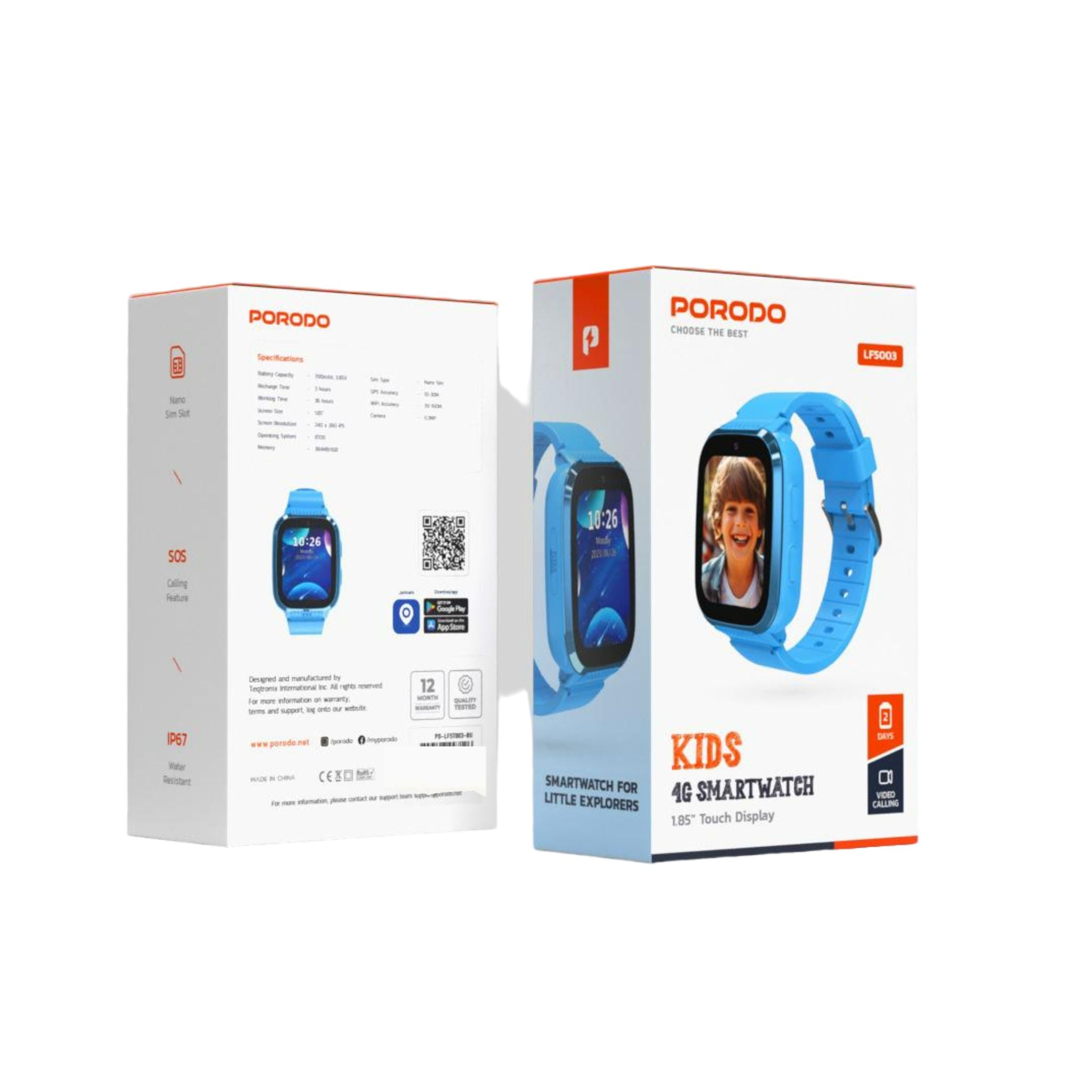Porodo 4G Kids GPS 1.85 inches Smart Watch Junicare with Touch Display, 36 Hours Working Time, 3 Hours Charging Time, Video Calling - Blue